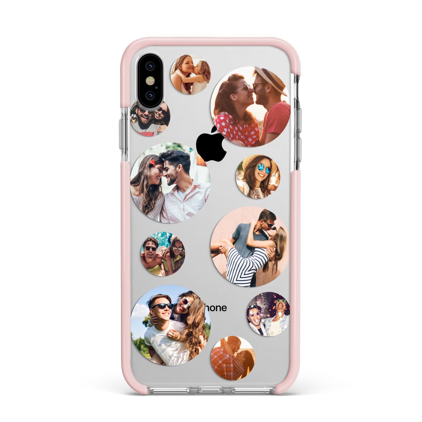 Multi Circular Photo Collage Upload Apple iPhone Xs Max Impact Case Pink Edge on Silver Phone