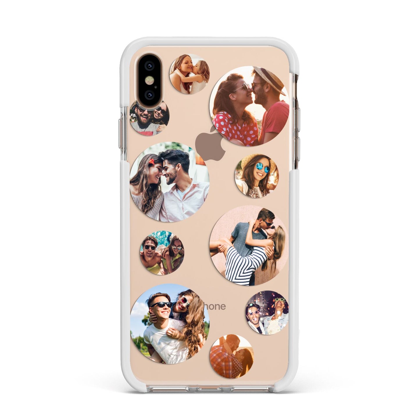 Multi Circular Photo Collage Upload Apple iPhone Xs Max Impact Case White Edge on Gold Phone