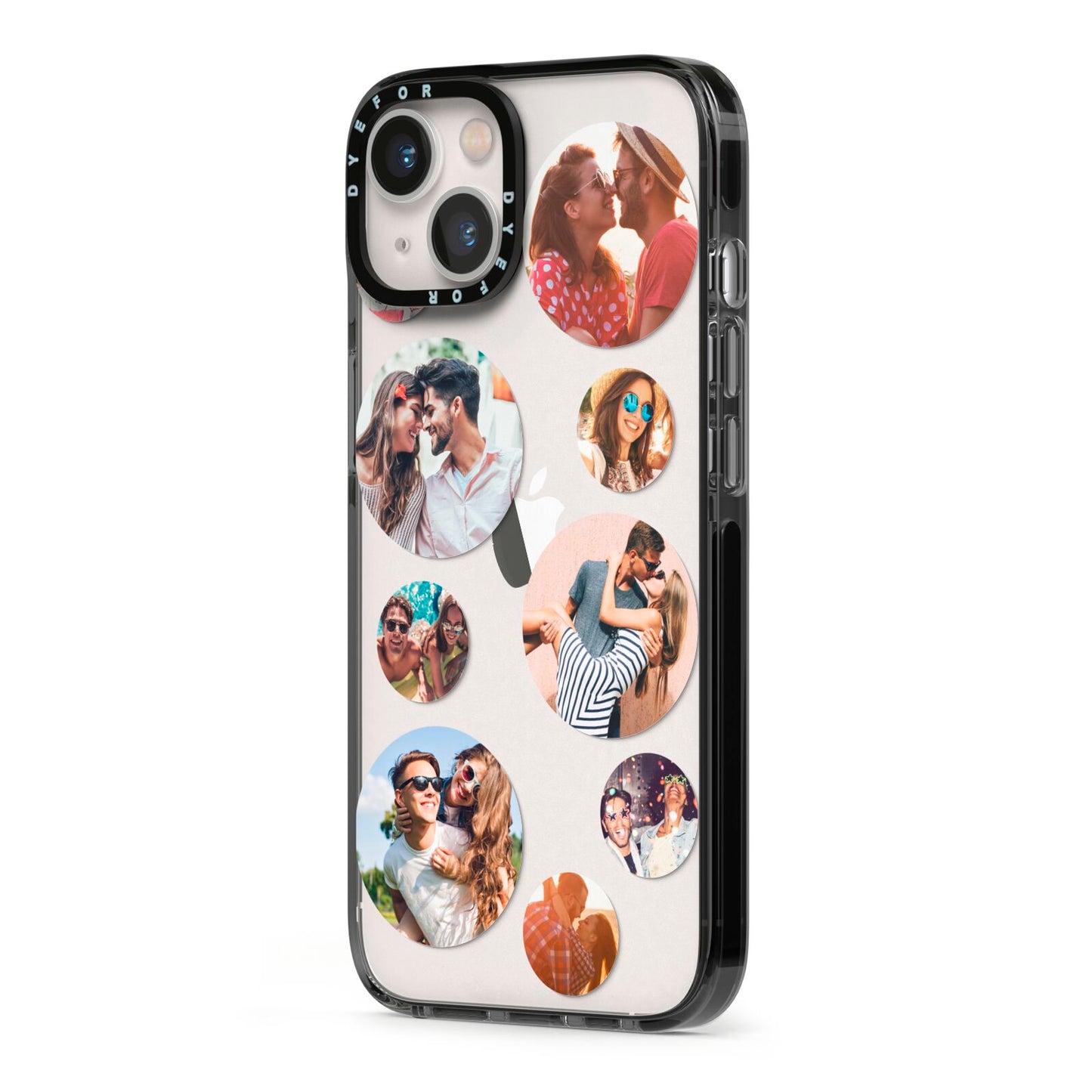 Multi Circular Photo Collage Upload iPhone 13 Black Impact Case Side Angle on Silver phone