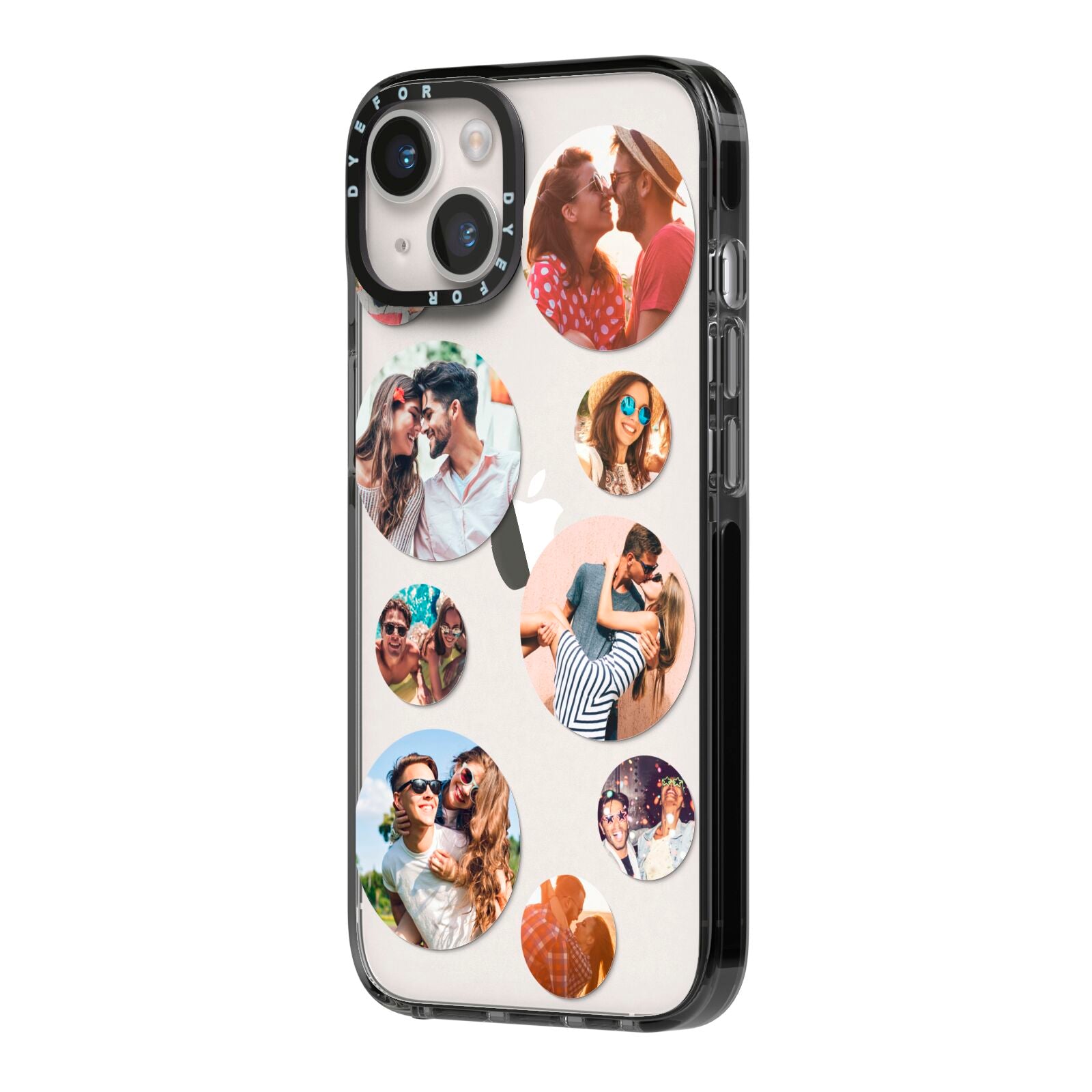 Multi Circular Photo Collage Upload iPhone 14 Black Impact Case Side Angle on Silver phone