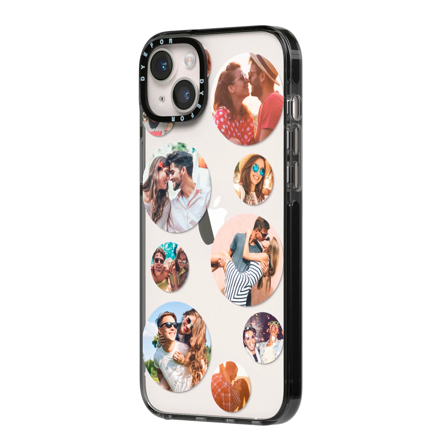 Multi Circular Photo Collage Upload iPhone 14 Plus Black Impact Case Side Angle on Silver phone