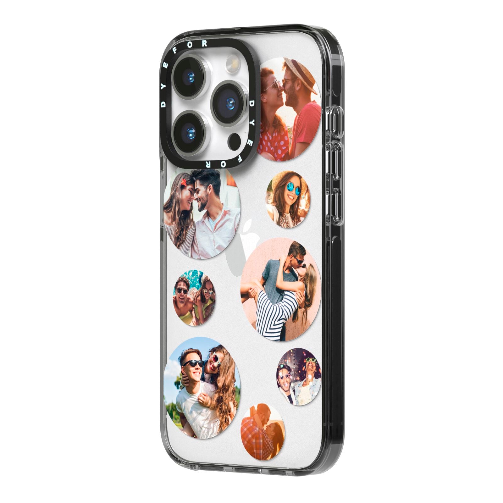 Multi Circular Photo Collage Upload iPhone 14 Pro Black Impact Case Side Angle on Silver phone