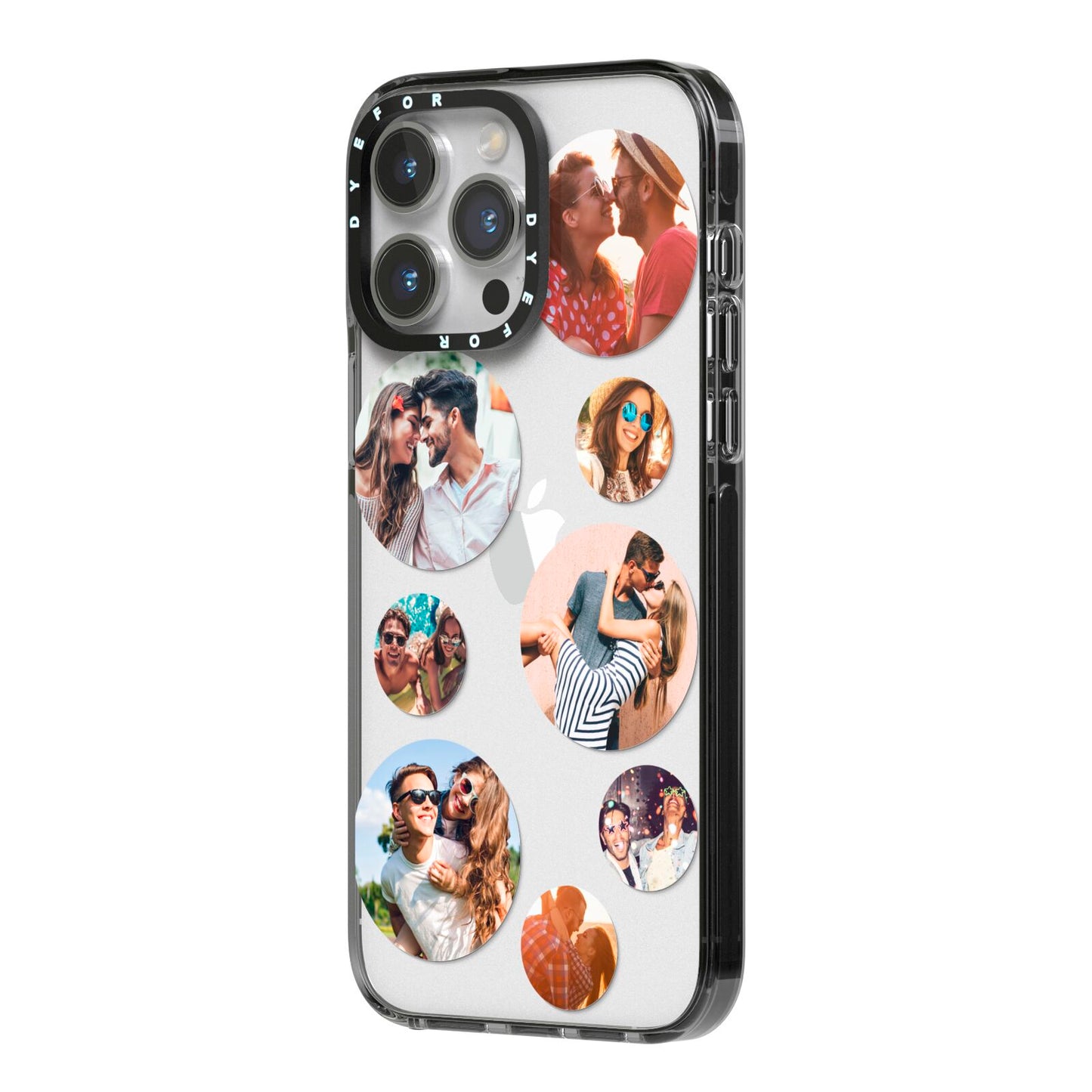 Multi Circular Photo Collage Upload iPhone 14 Pro Max Black Impact Case Side Angle on Silver phone
