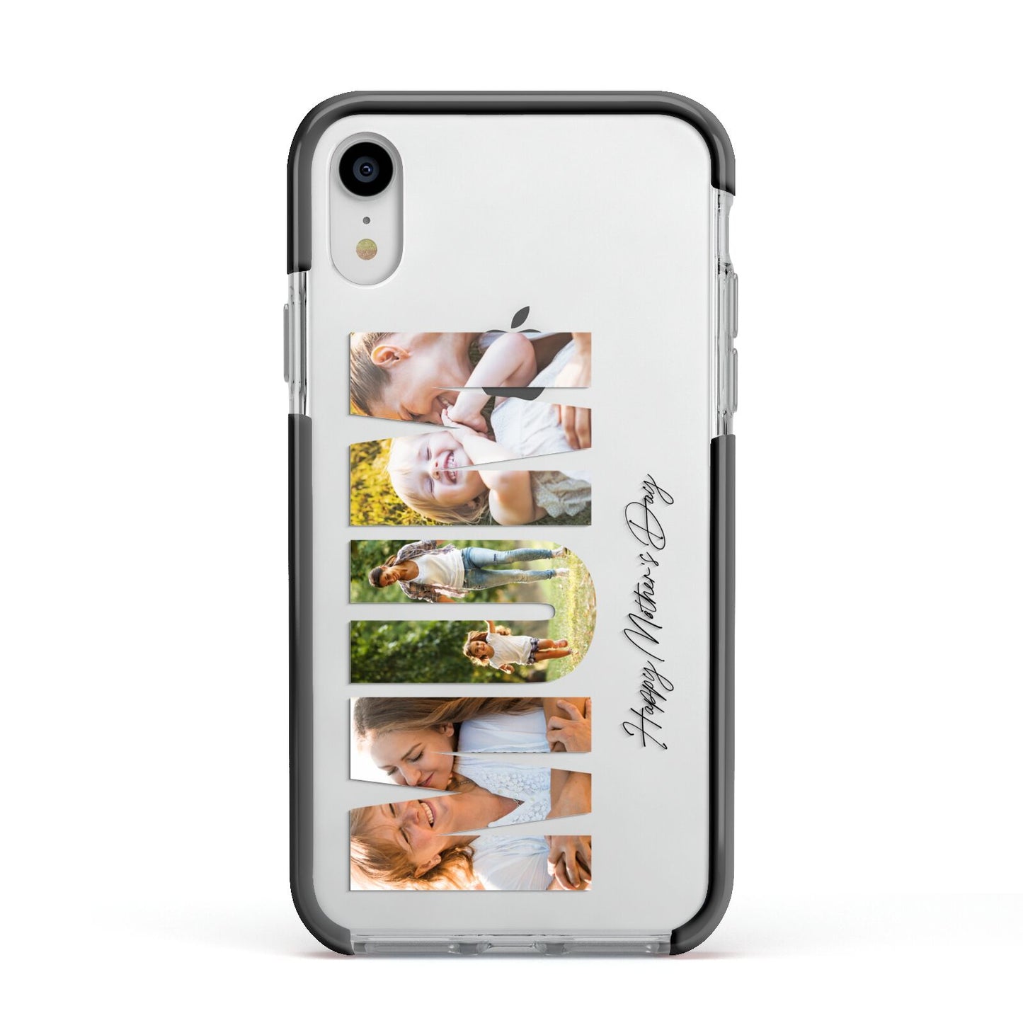 Mum Letters Photo Upload Apple iPhone XR Impact Case Black Edge on Silver Phone