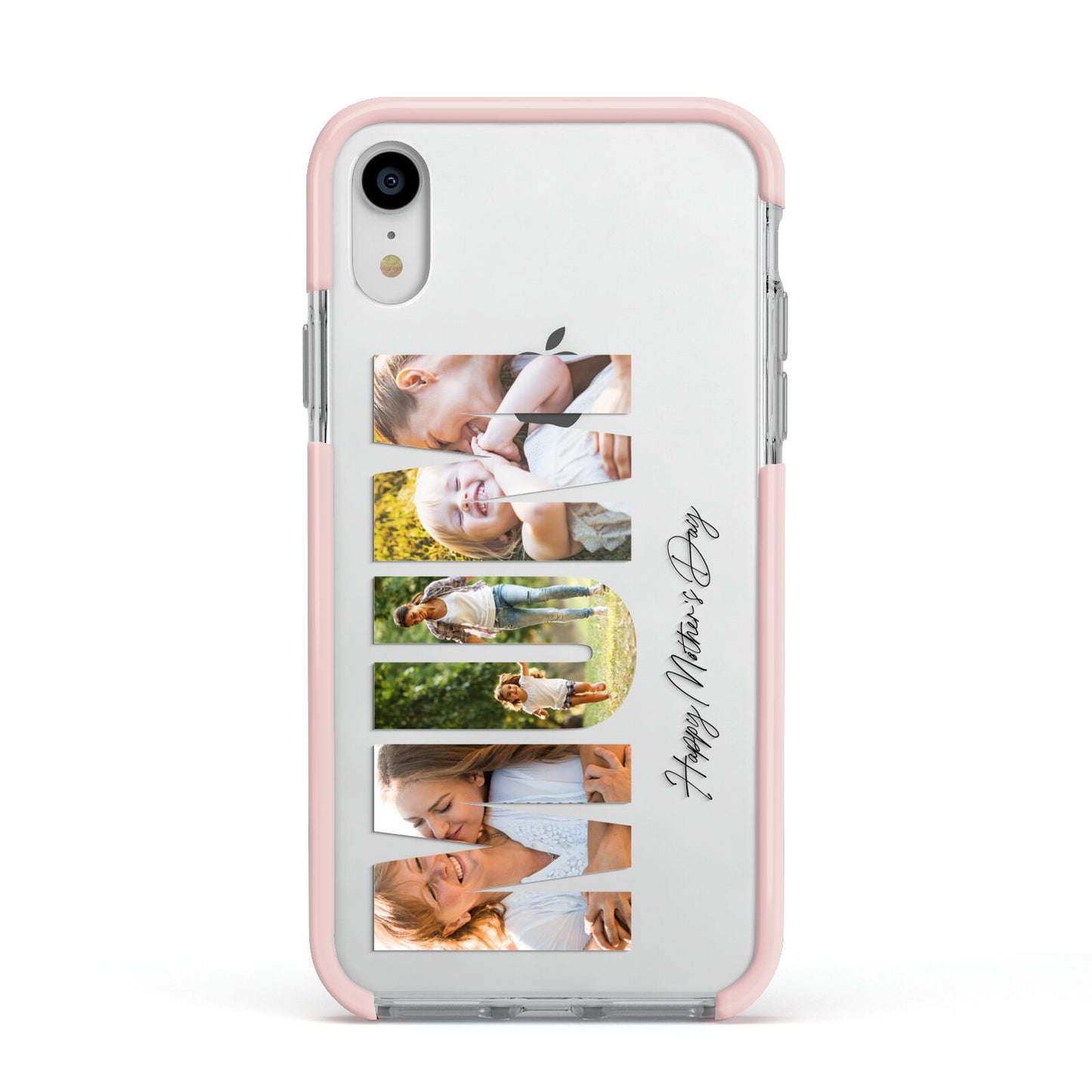 Mum Letters Photo Upload Apple iPhone XR Impact Case Pink Edge on Silver Phone