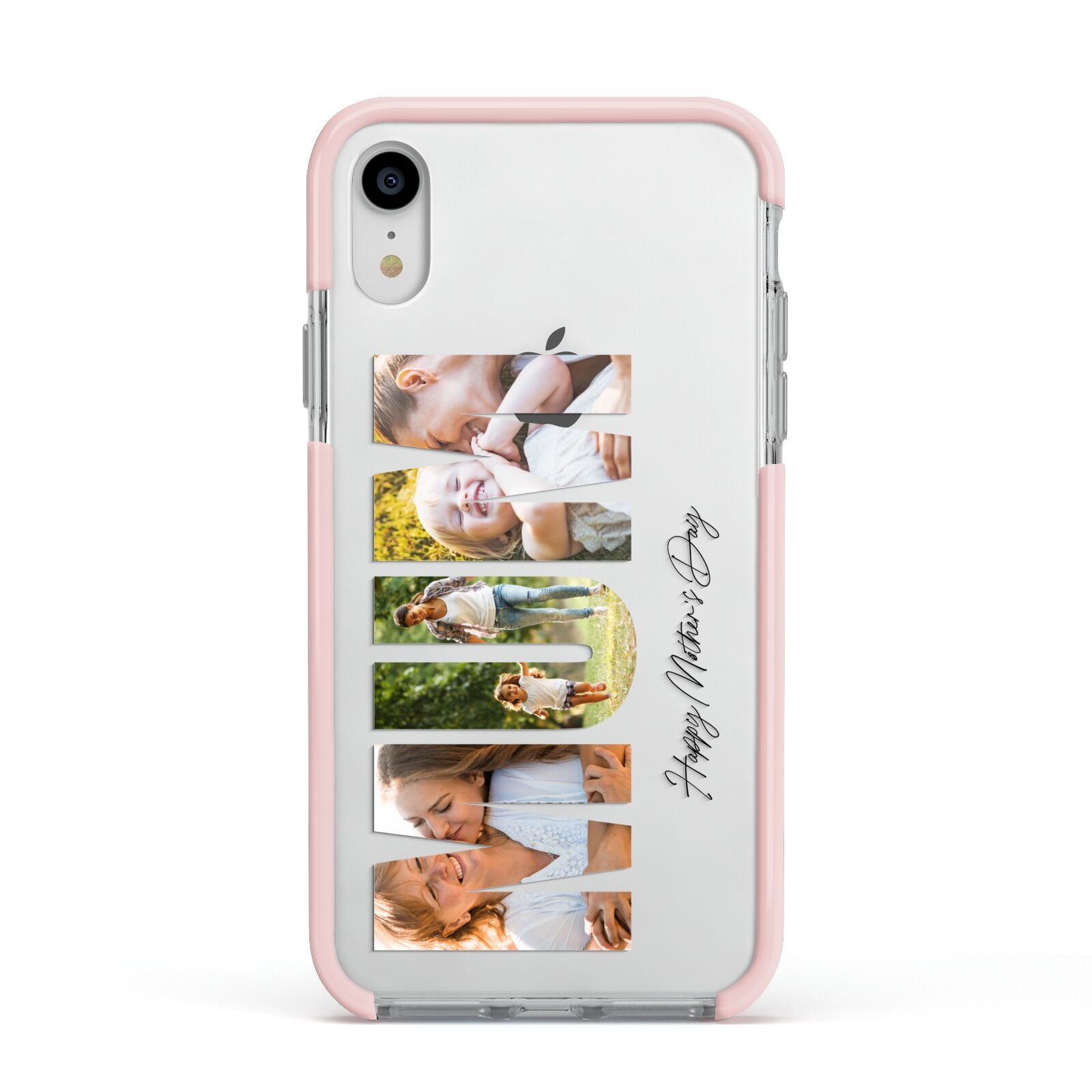 Mum Letters Photo Upload Apple iPhone XR Impact Case Pink Edge on Silver Phone