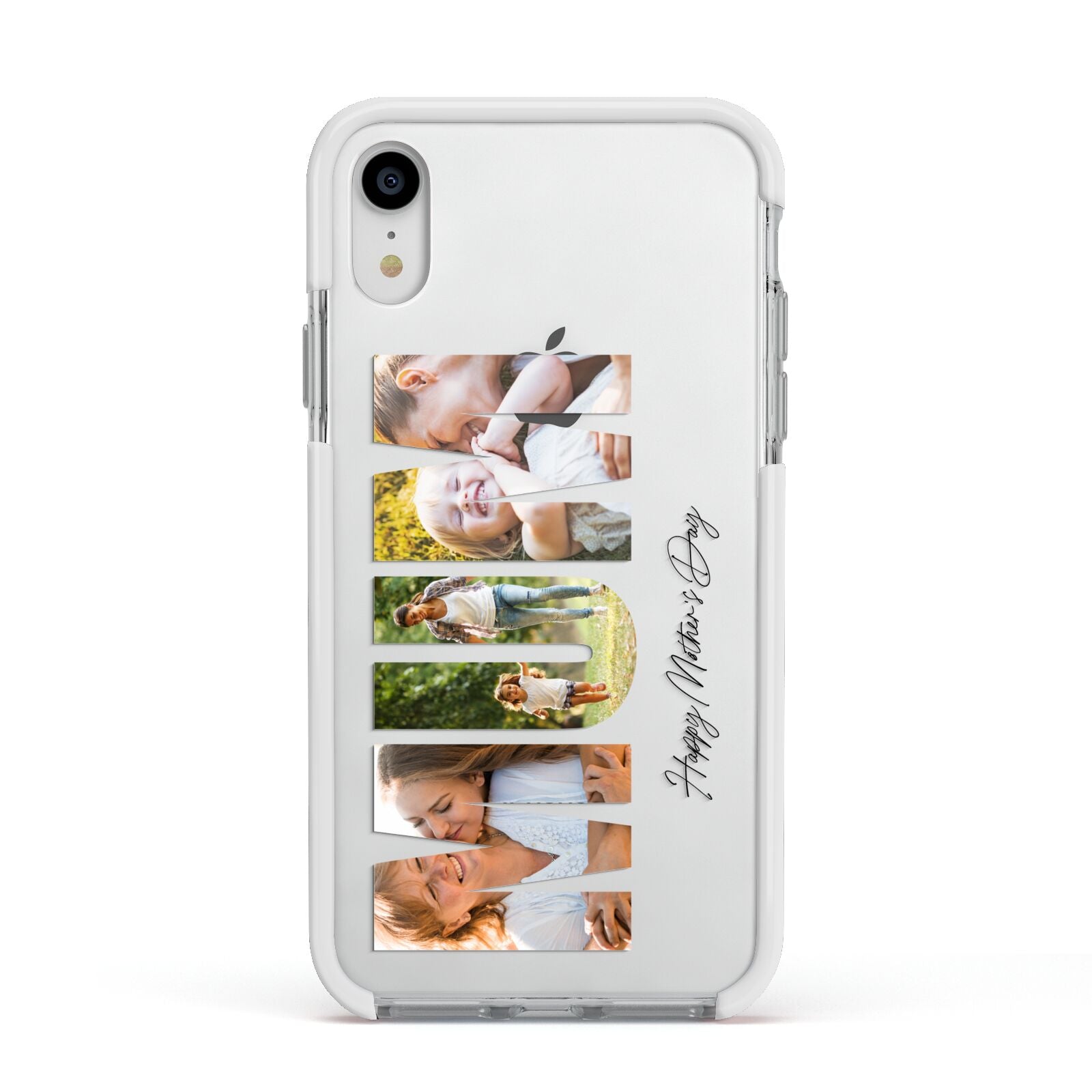 Mum Letters Photo Upload Apple iPhone XR Impact Case White Edge on Silver Phone