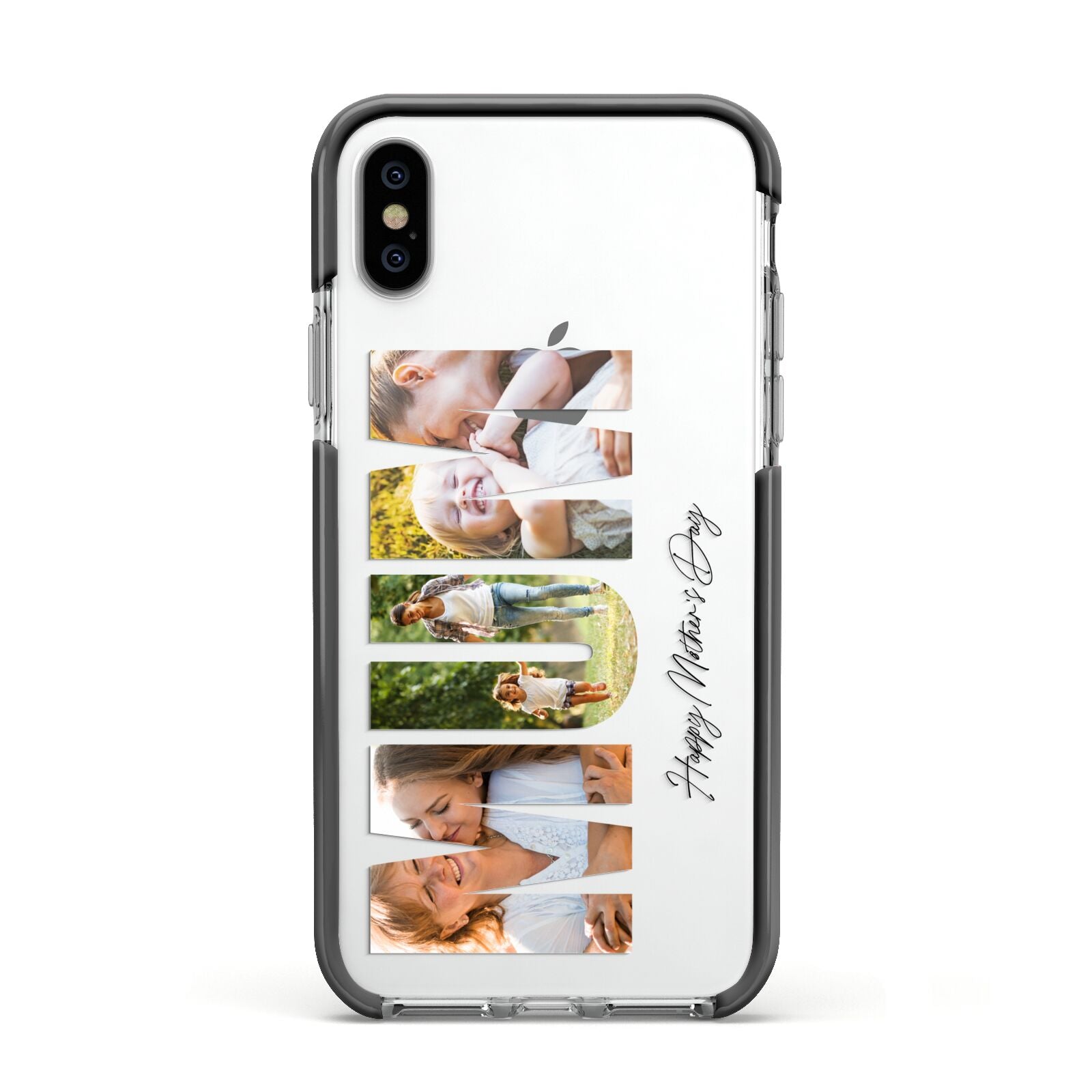 Mum Letters Photo Upload Apple iPhone Xs Impact Case Black Edge on Silver Phone