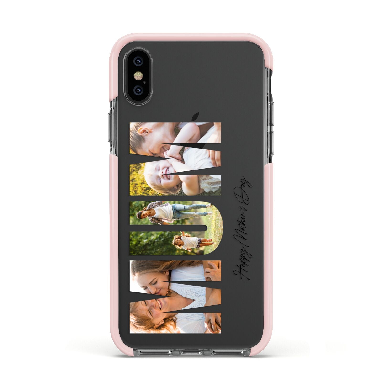 Mum Letters Photo Upload Apple iPhone Xs Impact Case Pink Edge on Black Phone