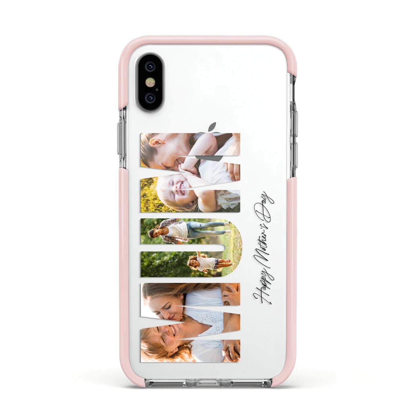 Mum Letters Photo Upload Apple iPhone Xs Impact Case Pink Edge on Silver Phone