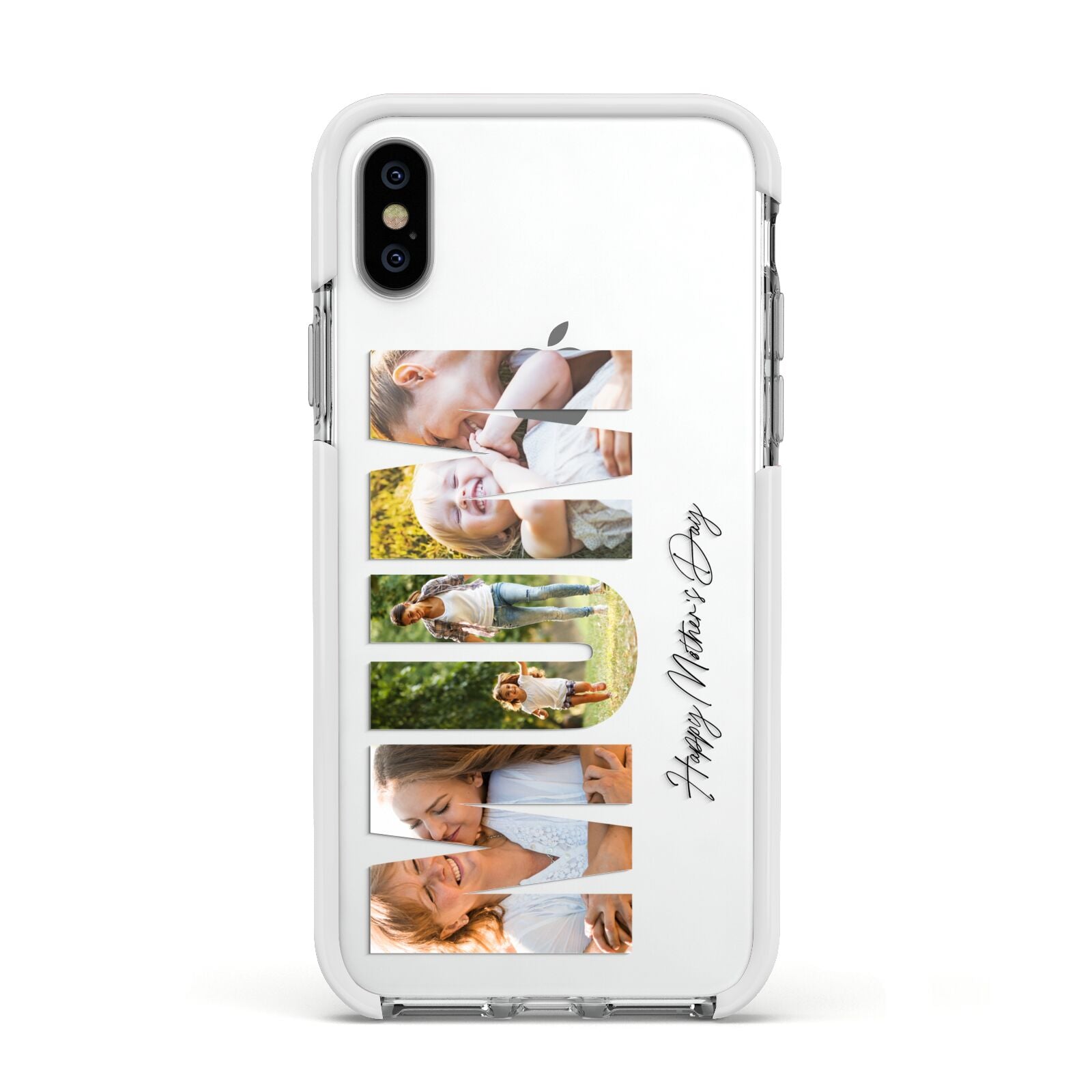 Mum Letters Photo Upload Apple iPhone Xs Impact Case White Edge on Silver Phone