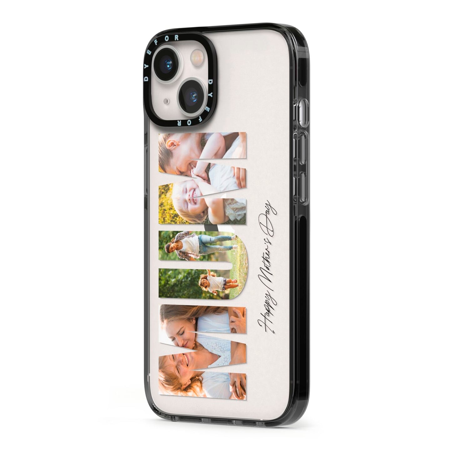 Mum Letters Photo Upload iPhone 13 Black Impact Case Side Angle on Silver phone