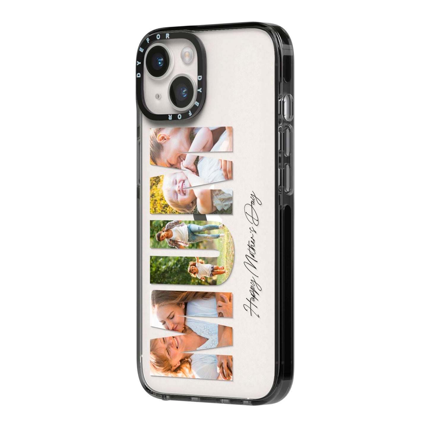 Mum Letters Photo Upload iPhone 14 Black Impact Case Side Angle on Silver phone