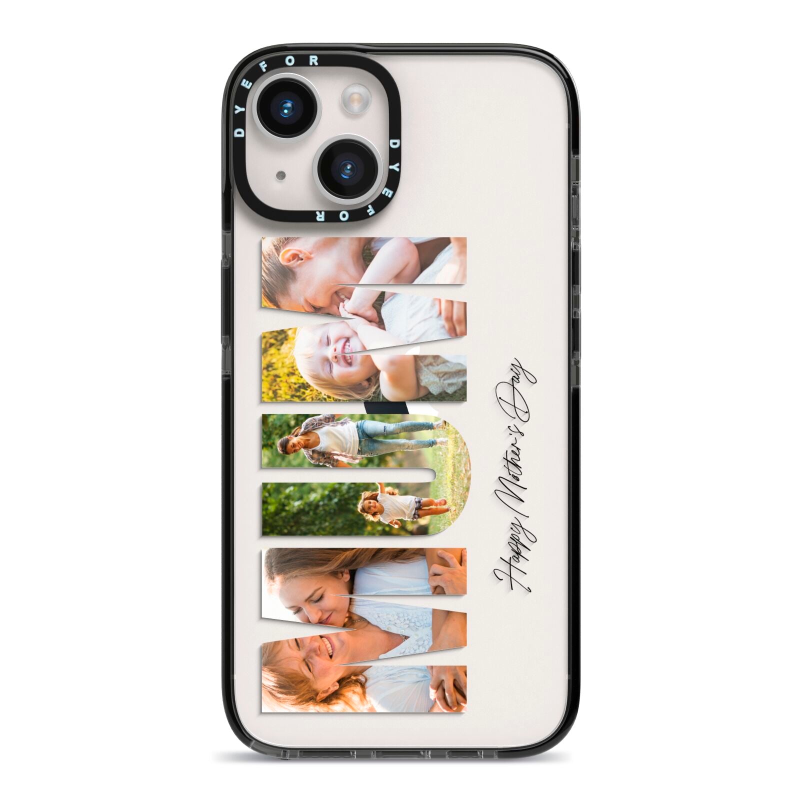 Mum Letters Photo Upload iPhone 14 Black Impact Case on Silver phone