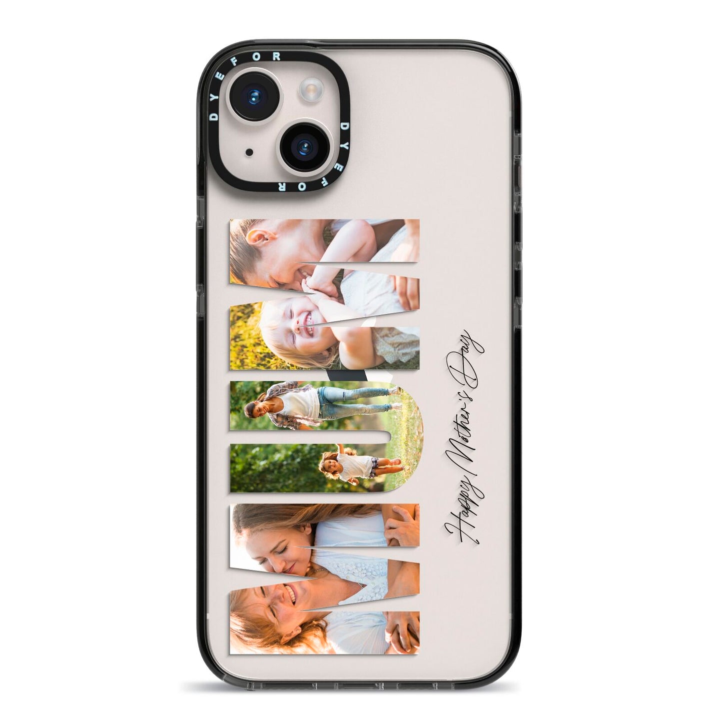 Mum Letters Photo Upload iPhone 14 Plus Black Impact Case on Silver phone