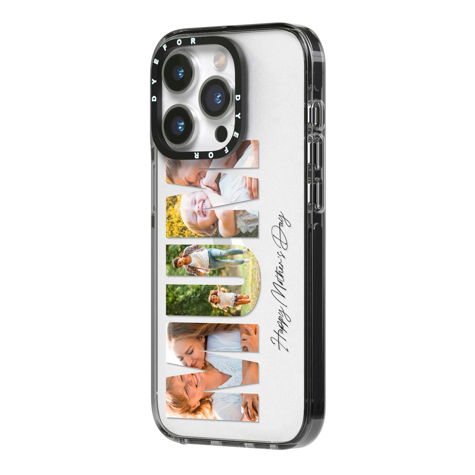 Mum Letters Photo Upload iPhone 14 Pro Black Impact Case Side Angle on Silver phone