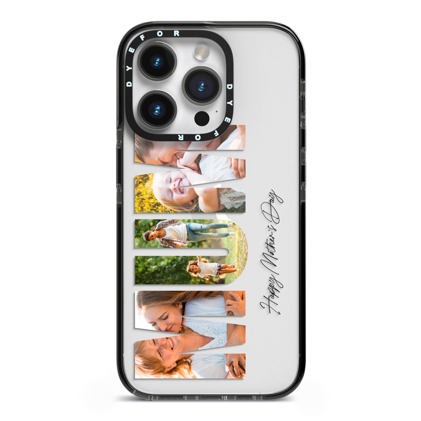 Mum Letters Photo Upload iPhone 14 Pro Black Impact Case on Silver phone