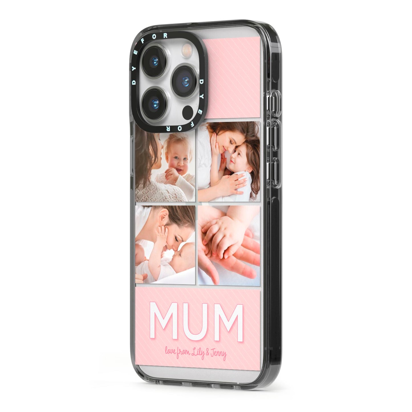 Mum Pink Mothers Day Multi Photo iPhone 13 Pro Black Impact Case Side Angle on Silver phone