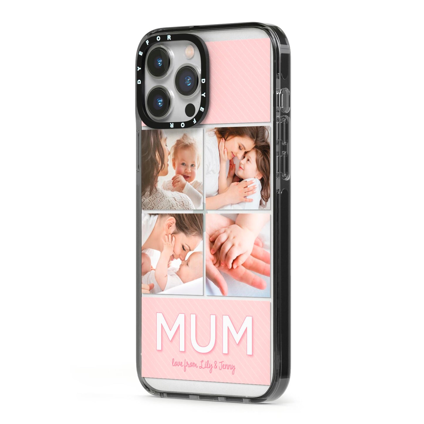 Mum Pink Mothers Day Multi Photo iPhone 13 Pro Max Black Impact Case Side Angle on Silver phone