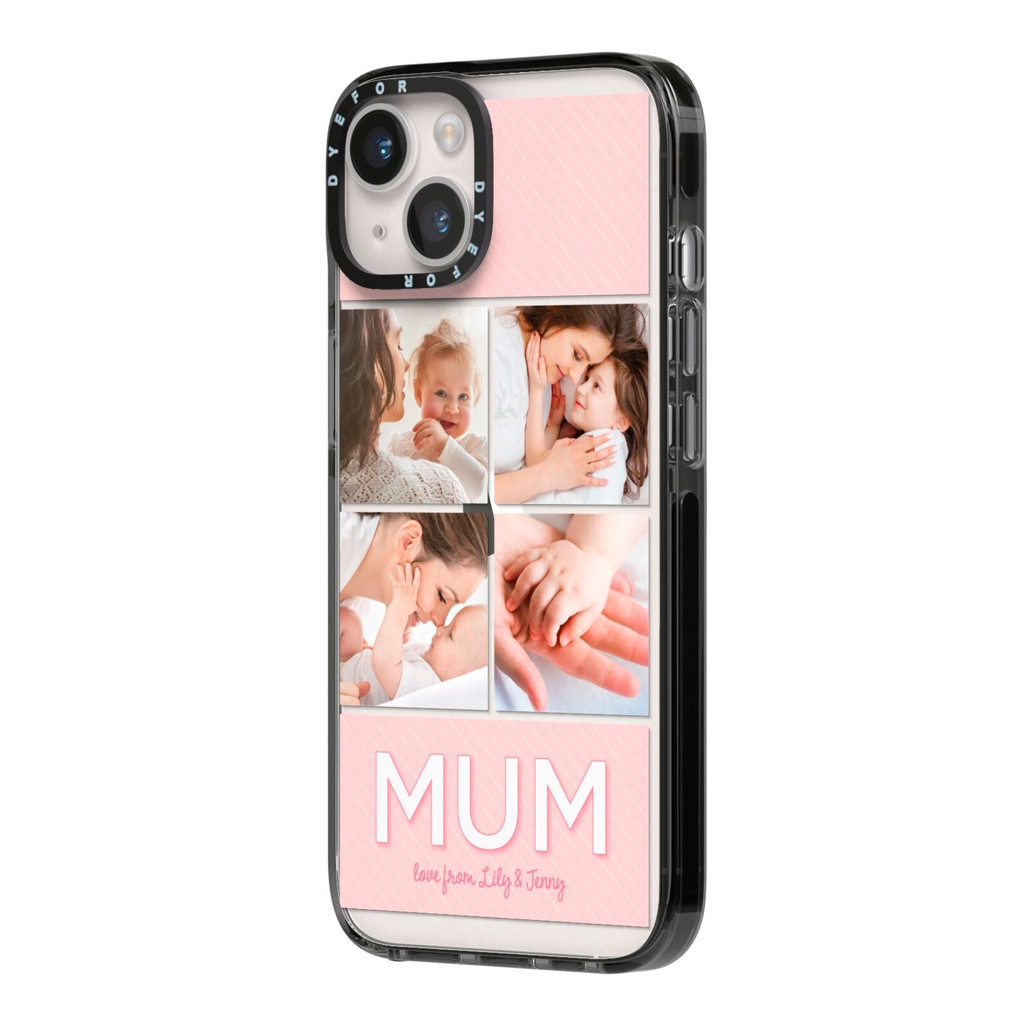 Mum Pink Mothers Day Multi Photo iPhone 14 Black Impact Case Side Angle on Silver phone