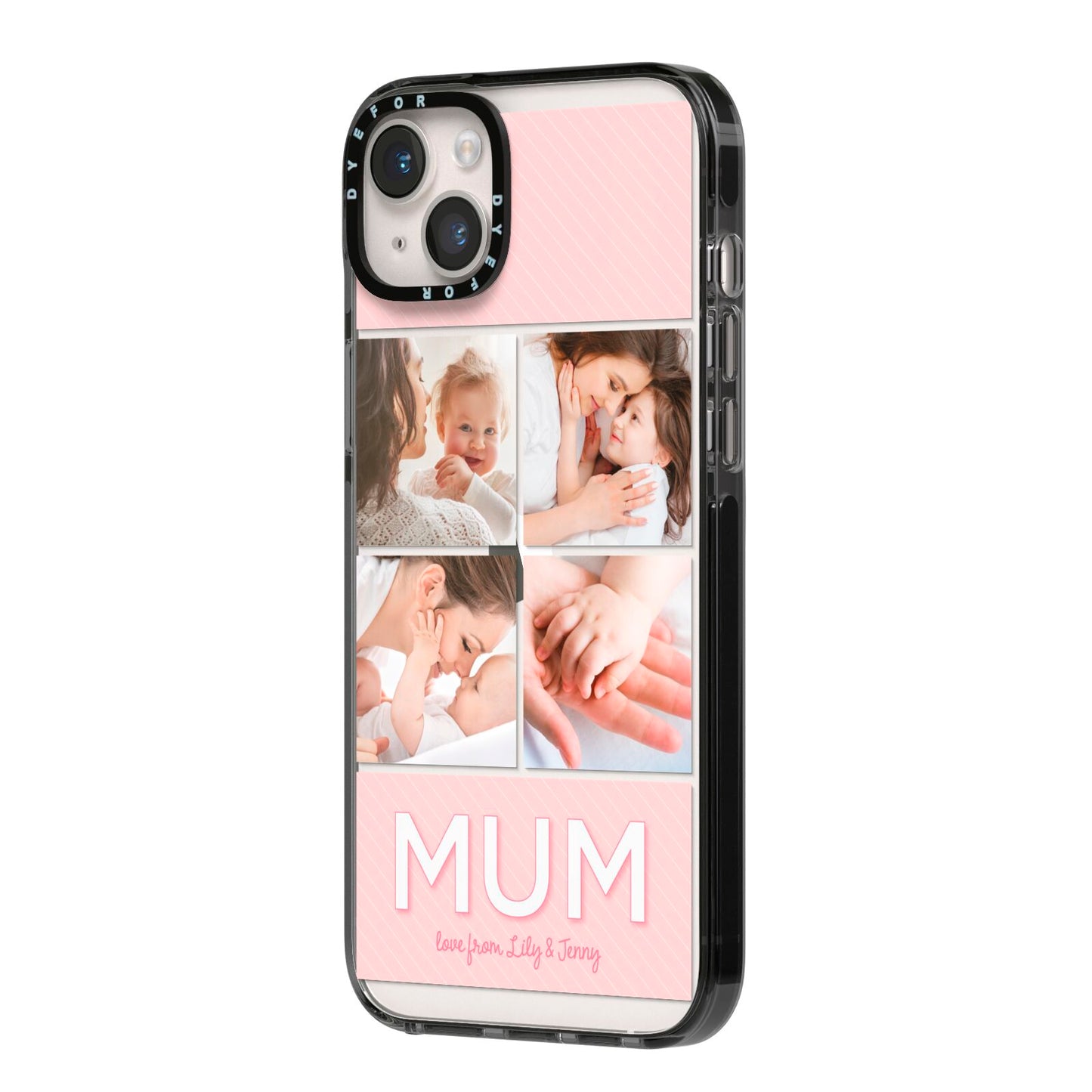 Mum Pink Mothers Day Multi Photo iPhone 14 Plus Black Impact Case Side Angle on Silver phone