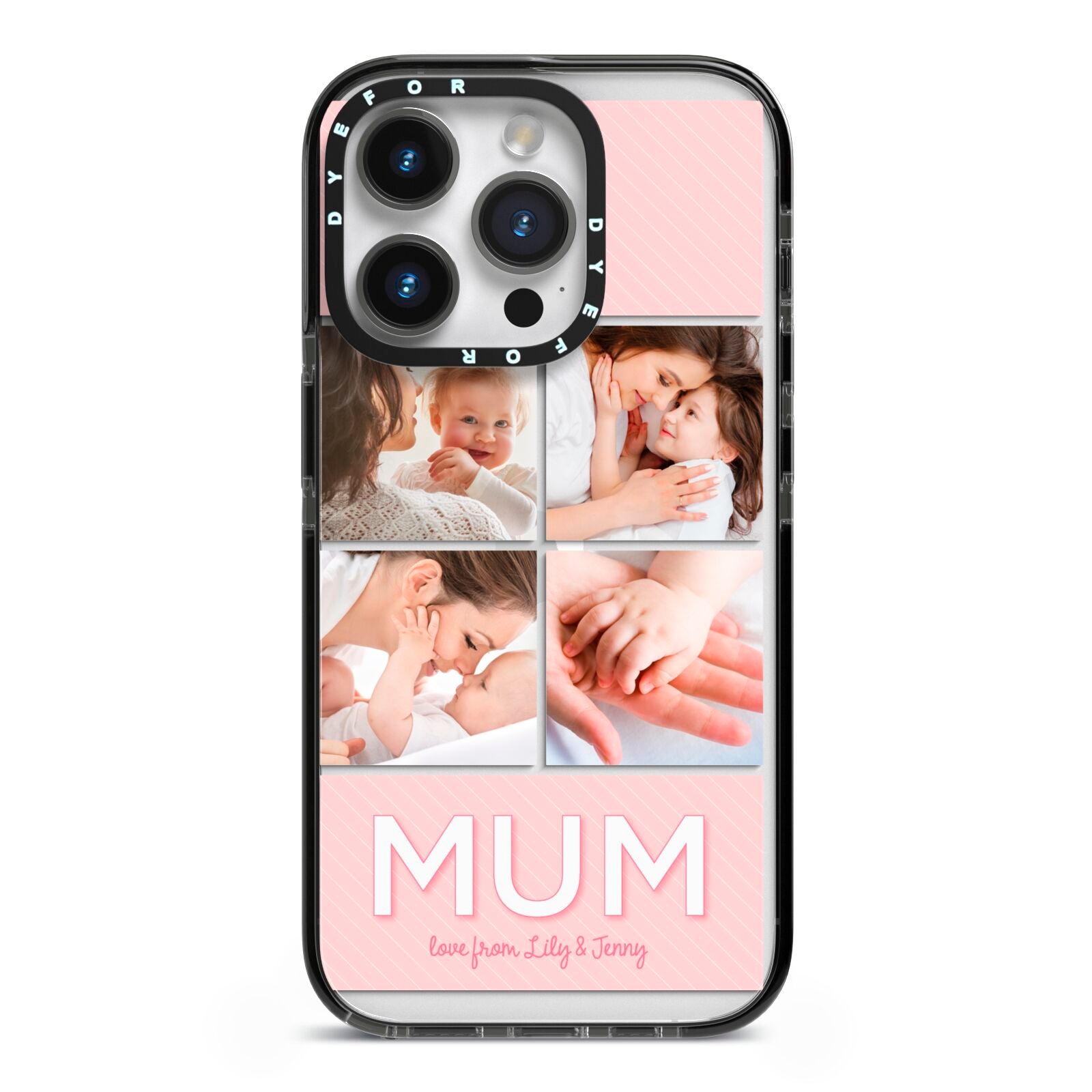 Mum Pink Mothers Day Multi Photo iPhone 14 Pro Black Impact Case on Silver phone