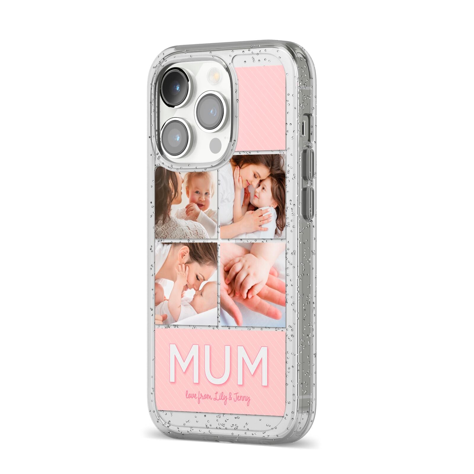 Mum Pink Mothers Day Multi Photo iPhone 14 Pro Glitter Tough Case Silver Angled Image