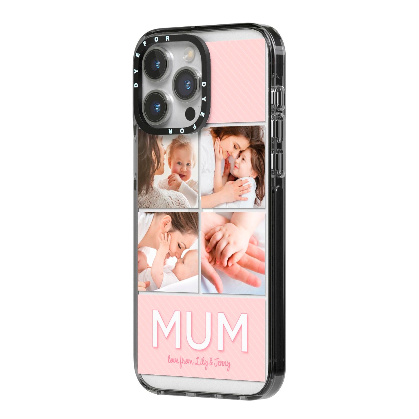 Mum Pink Mothers Day Multi Photo iPhone 14 Pro Max Black Impact Case Side Angle on Silver phone