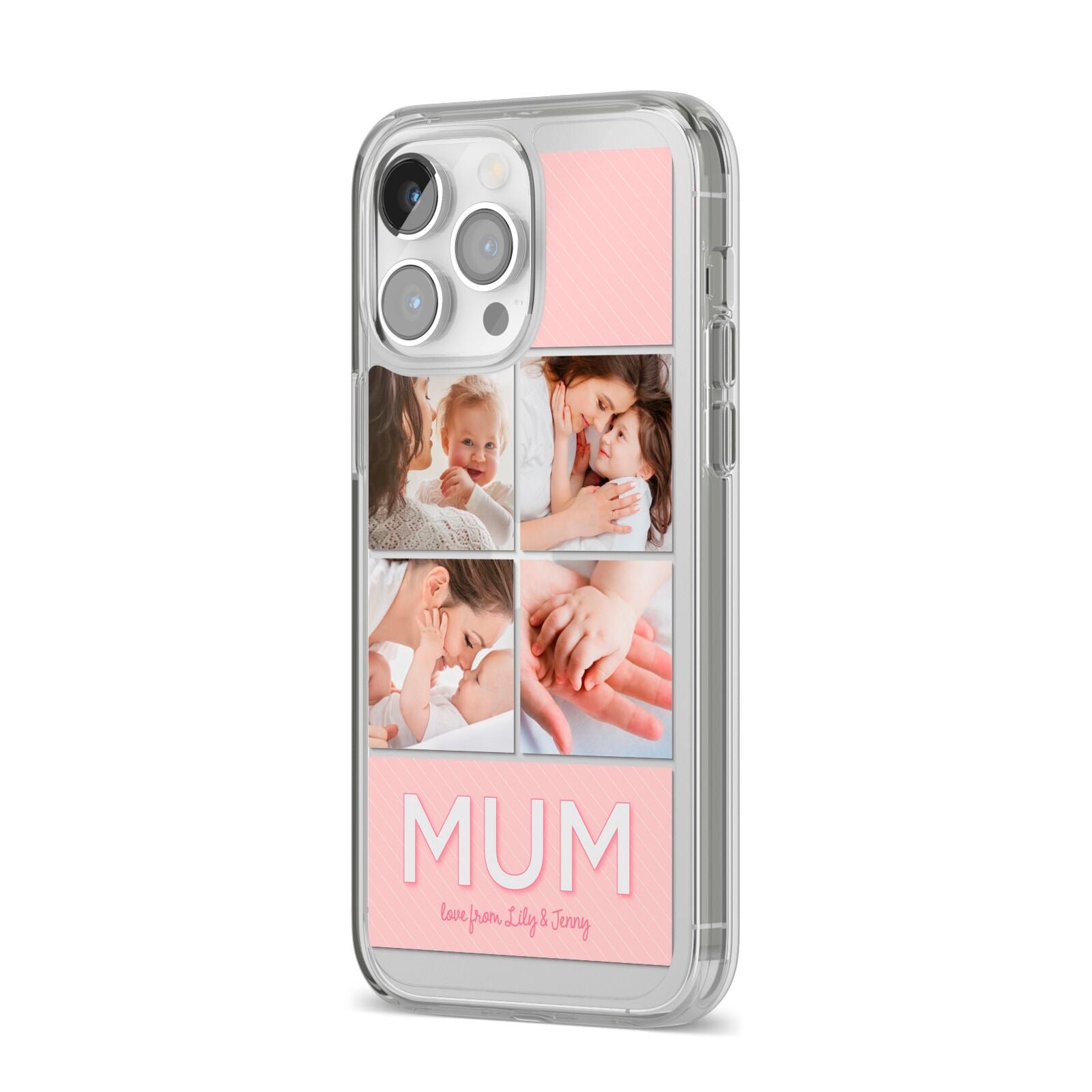 Mum Pink Mothers Day Multi Photo iPhone 14 Pro Max Clear Tough Case Silver Angled Image