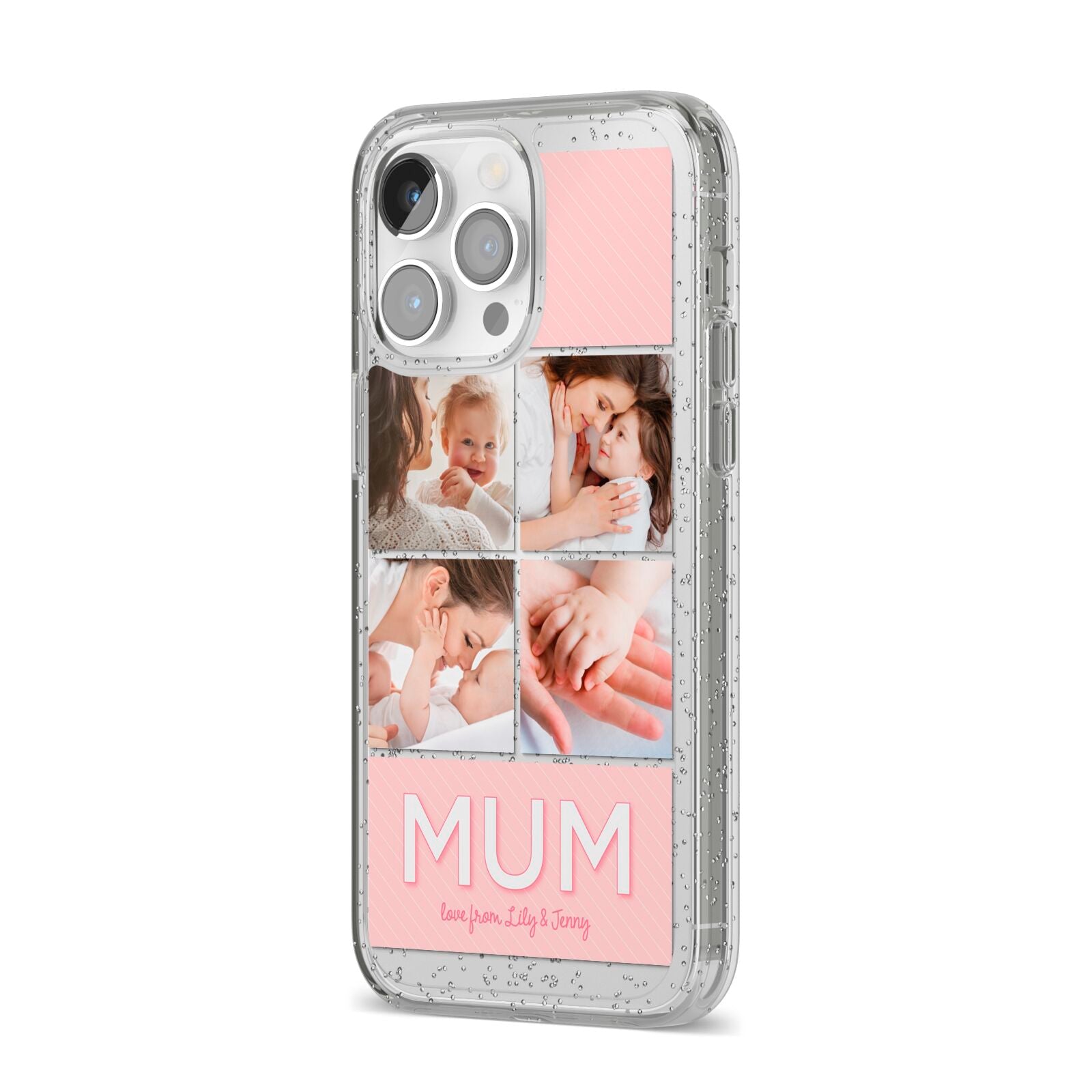 Mum Pink Mothers Day Multi Photo iPhone 14 Pro Max Glitter Tough Case Silver Angled Image