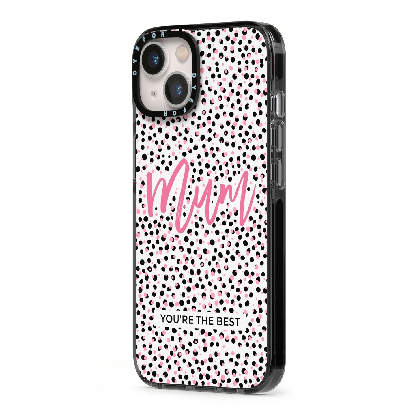 Mum Polka Dots Mothers Day iPhone 13 Black Impact Case Side Angle on Silver phone