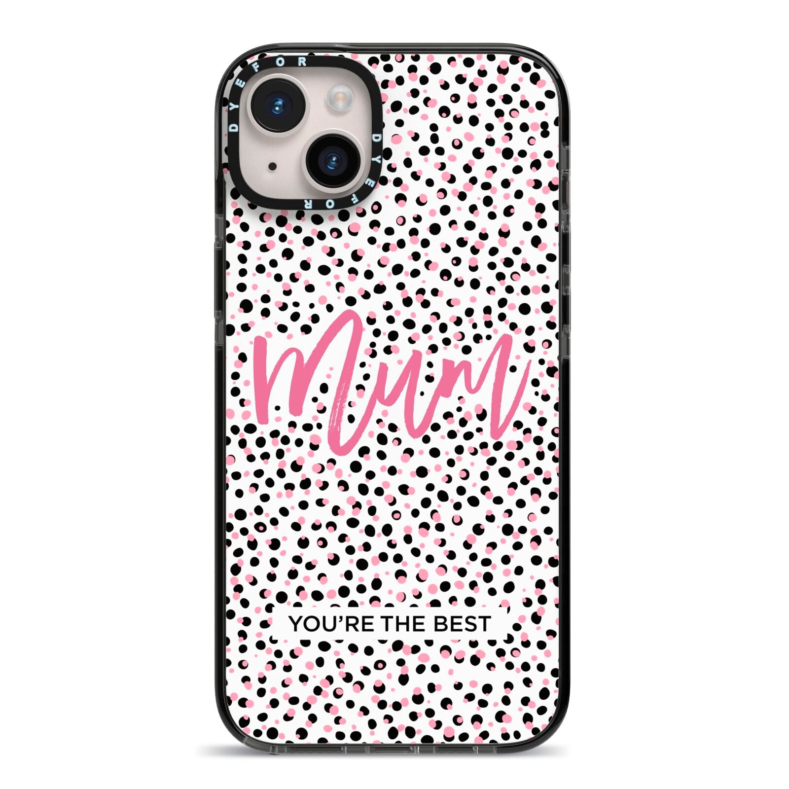 Mum Polka Dots Mothers Day iPhone 14 Plus Black Impact Case on Silver phone