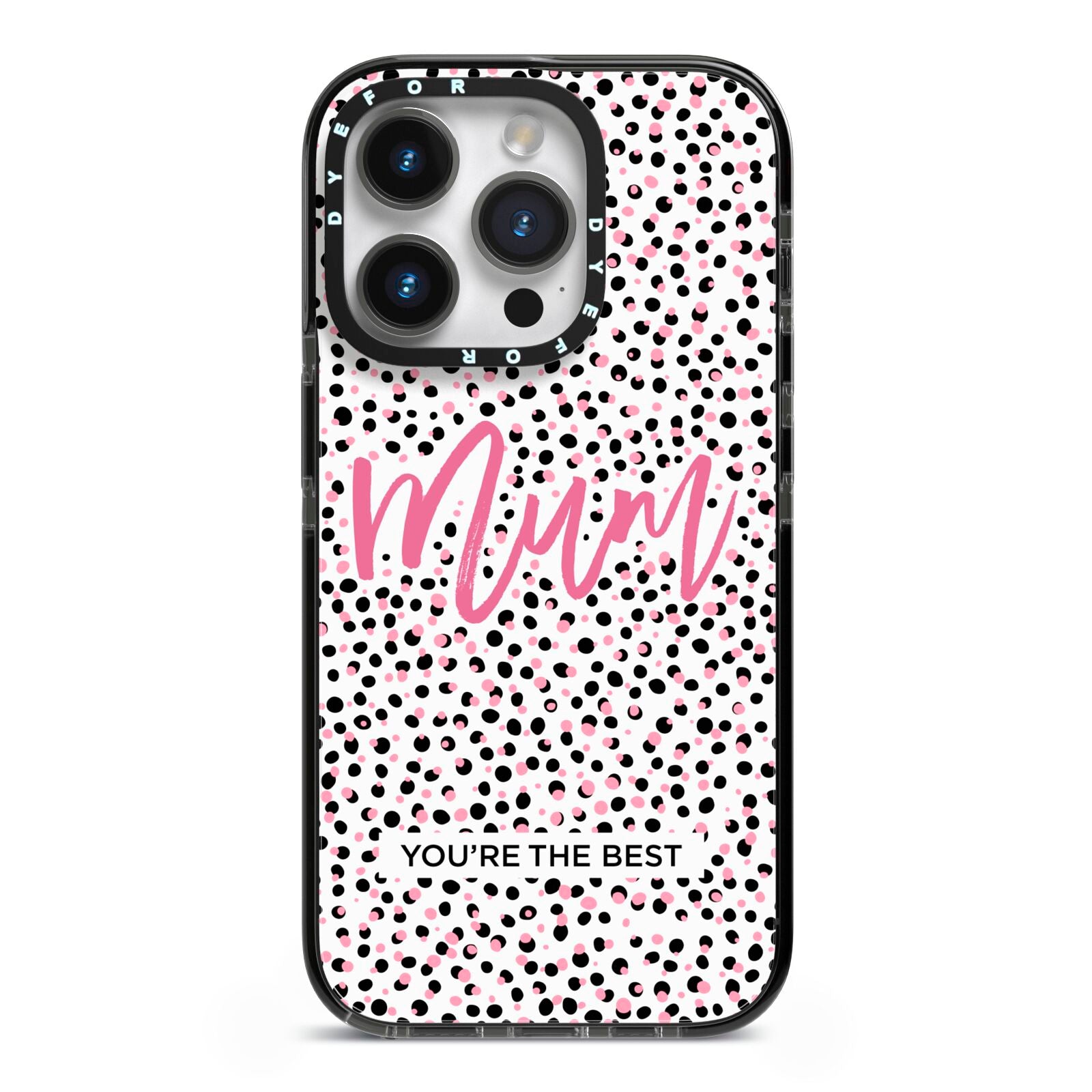 Mum Polka Dots Mothers Day iPhone 14 Pro Black Impact Case on Silver phone