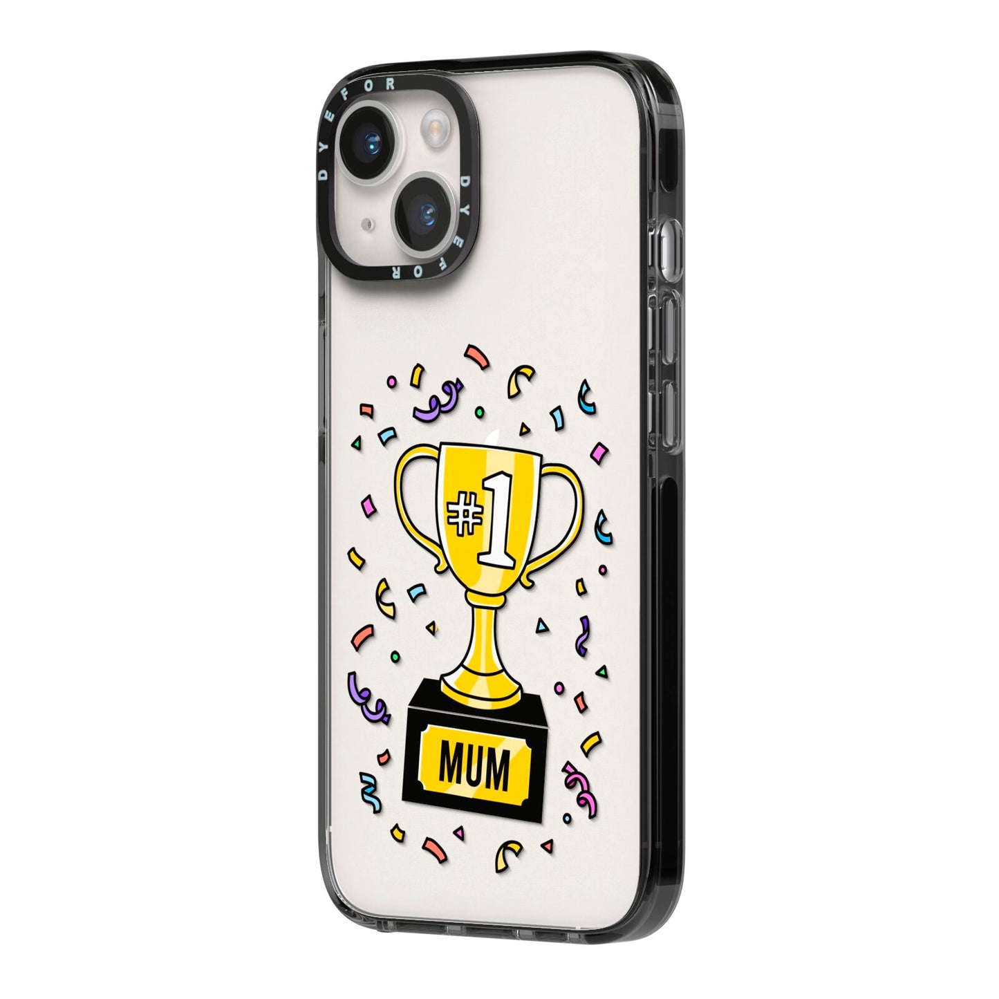 Mum Trophy Mothers Day iPhone 14 Black Impact Case Side Angle on Silver phone