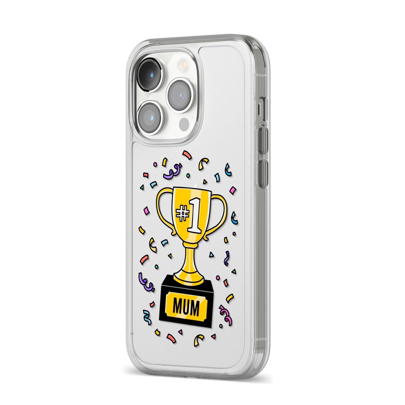 Mum Trophy Mothers Day iPhone 14 Pro Clear Tough Case Silver Angled Image