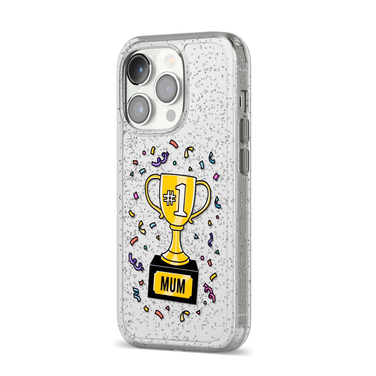 Mum Trophy Mothers Day iPhone 14 Pro Glitter Tough Case Silver Angled Image