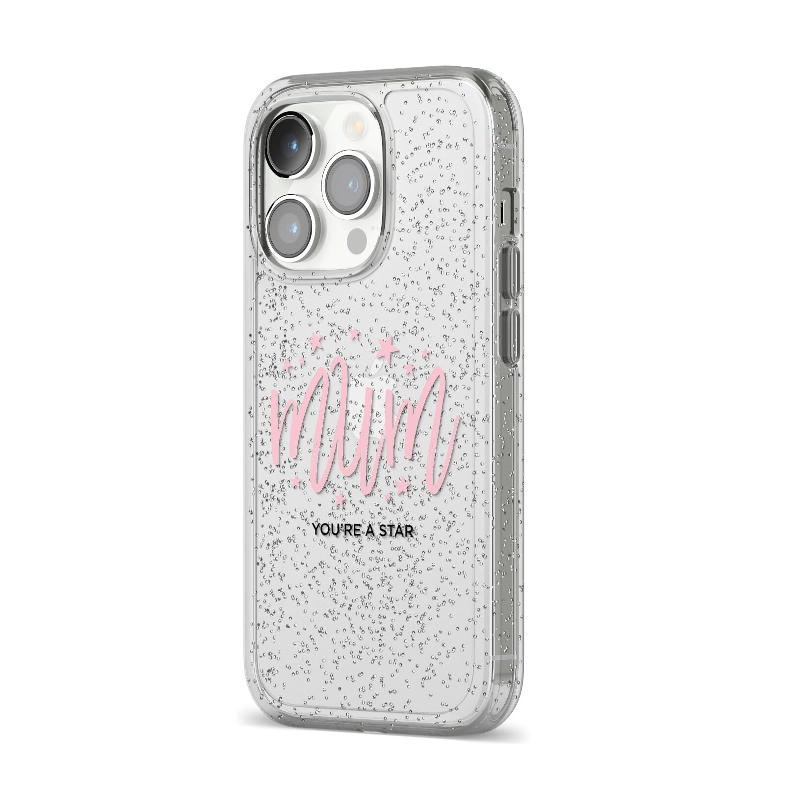 Mum Youre a Star iPhone 14 Pro Glitter Tough Case Silver Angled Image