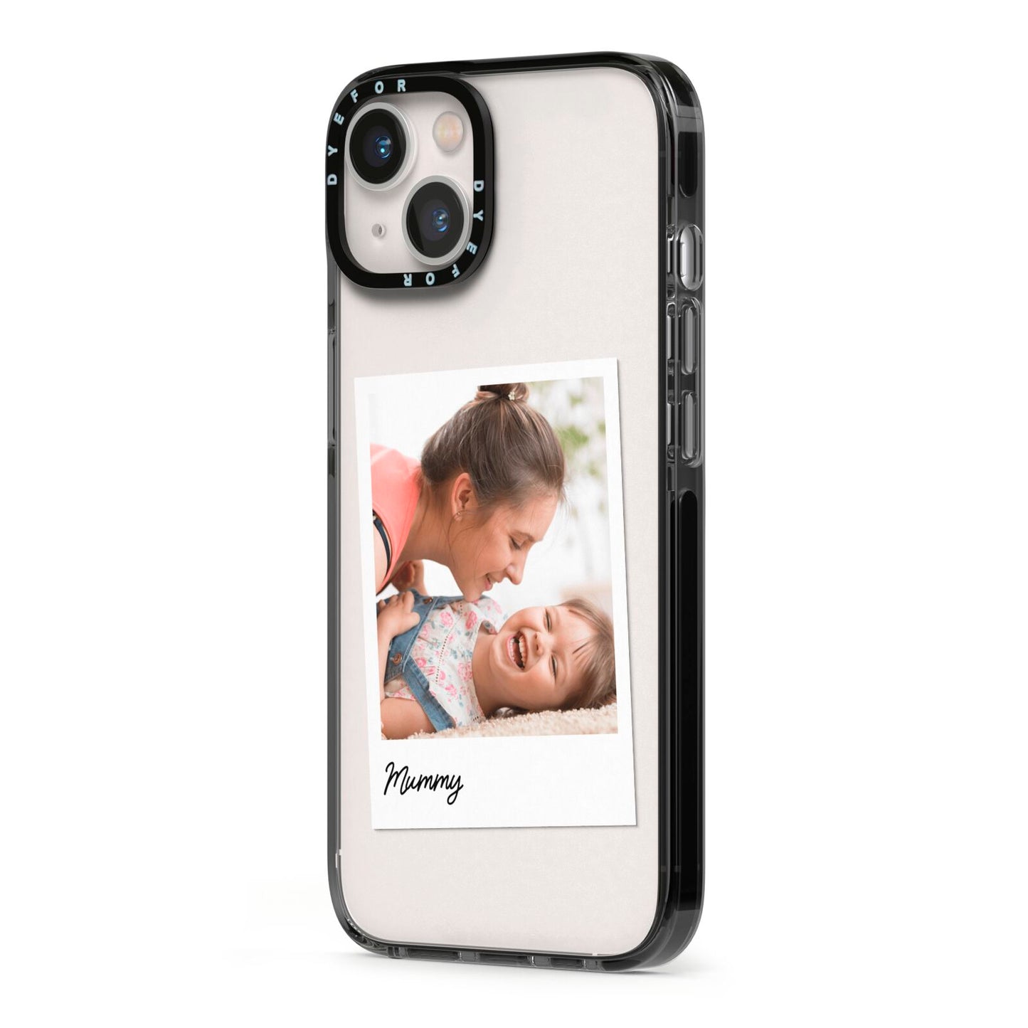 Mummy Photo iPhone 13 Black Impact Case Side Angle on Silver phone