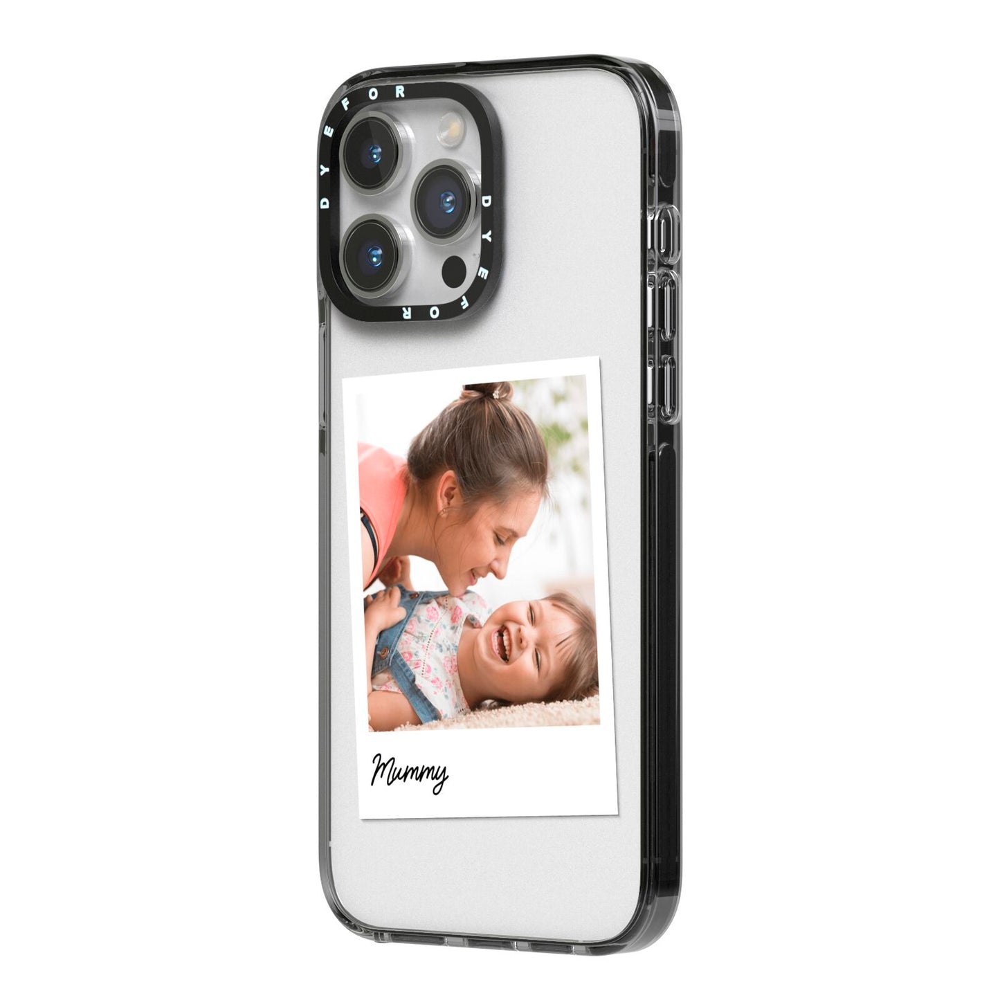 Mummy Photo iPhone 14 Pro Max Black Impact Case Side Angle on Silver phone