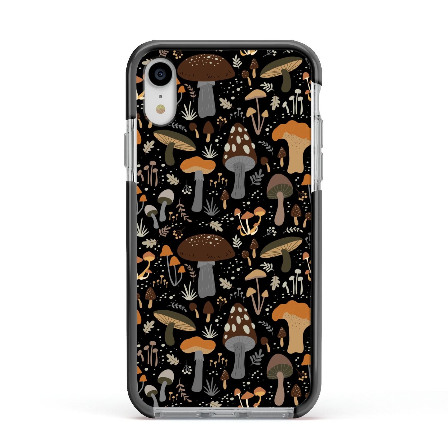 Mushroom Apple iPhone XR Impact Case Black Edge on Silver Phone