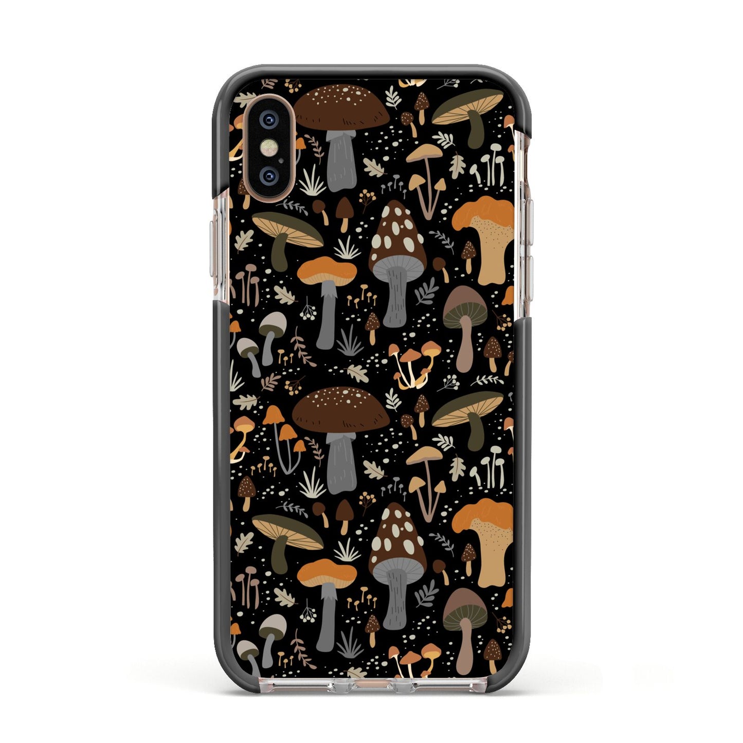 Mushroom Apple iPhone Xs Impact Case Black Edge on Gold Phone