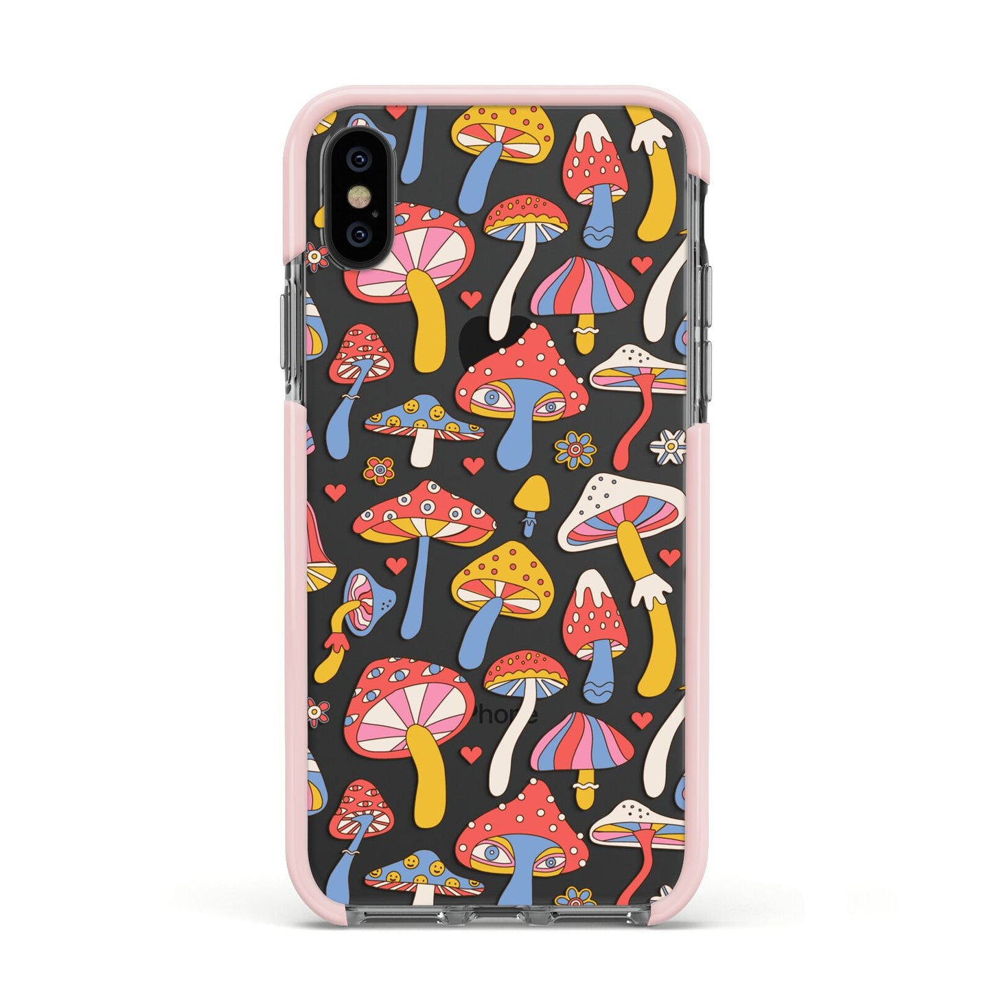 Mushroom Pattern Apple iPhone Xs Impact Case Pink Edge on Black Phone