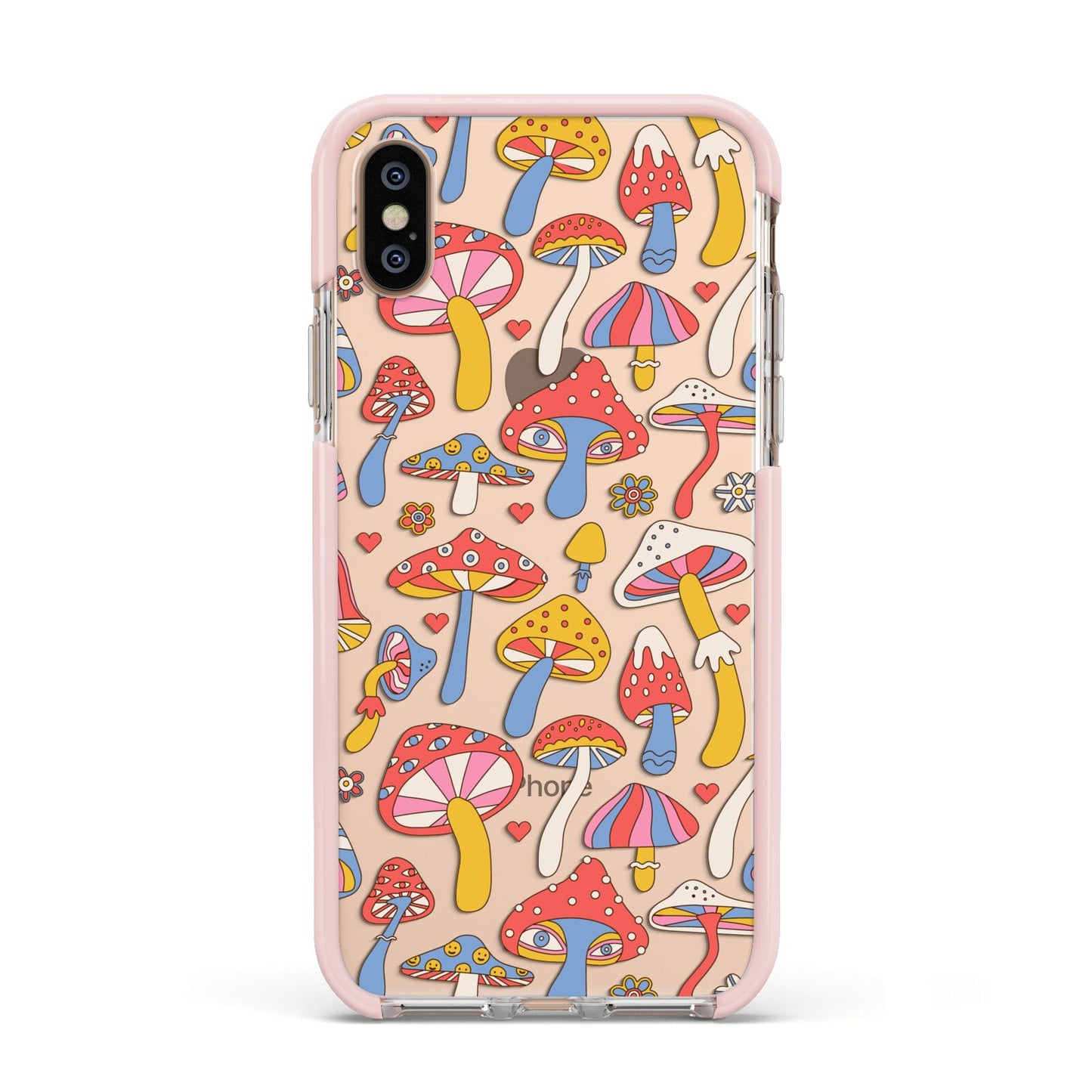 Mushroom Pattern Apple iPhone Xs Impact Case Pink Edge on Gold Phone