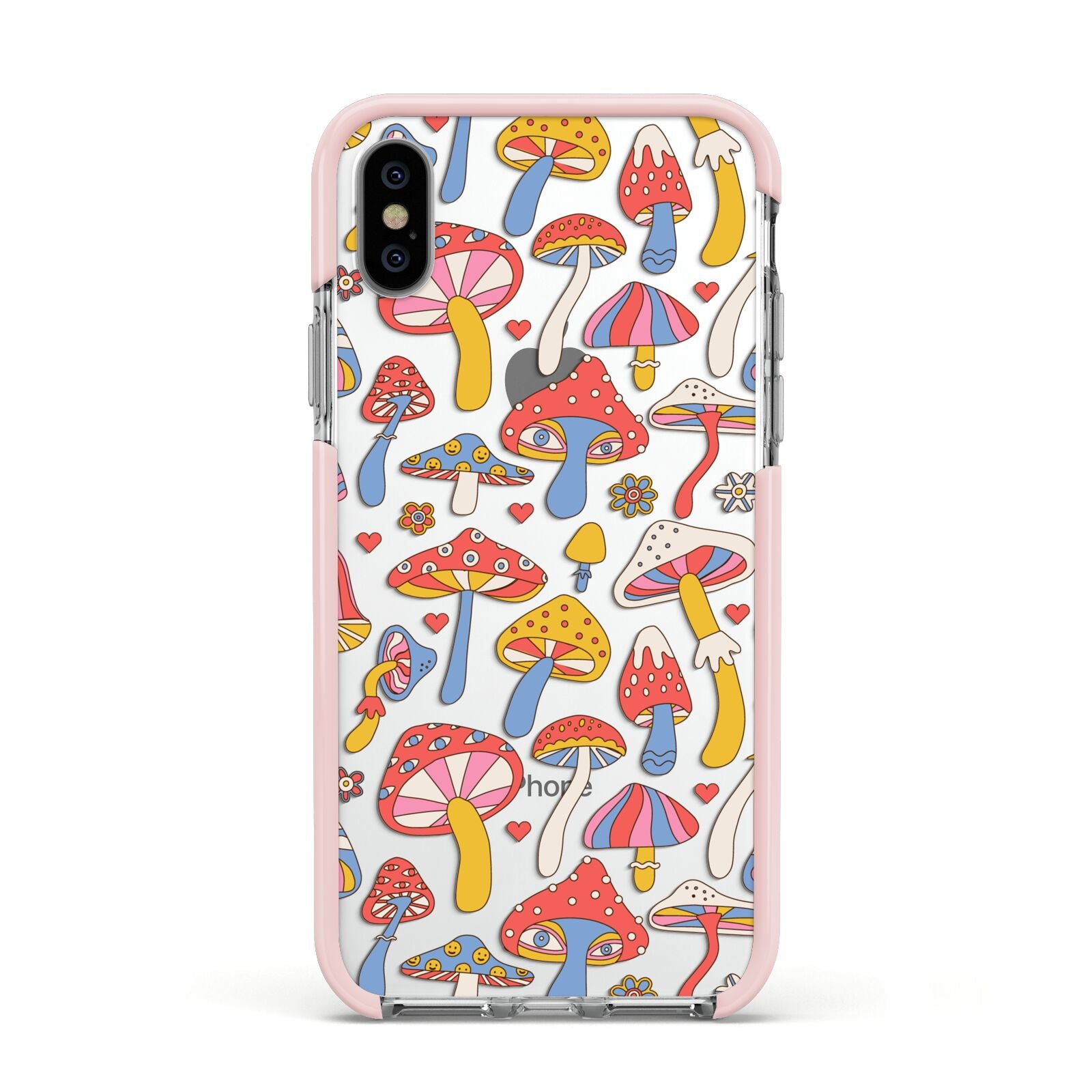 Mushroom Pattern Apple iPhone Xs Impact Case Pink Edge on Silver Phone