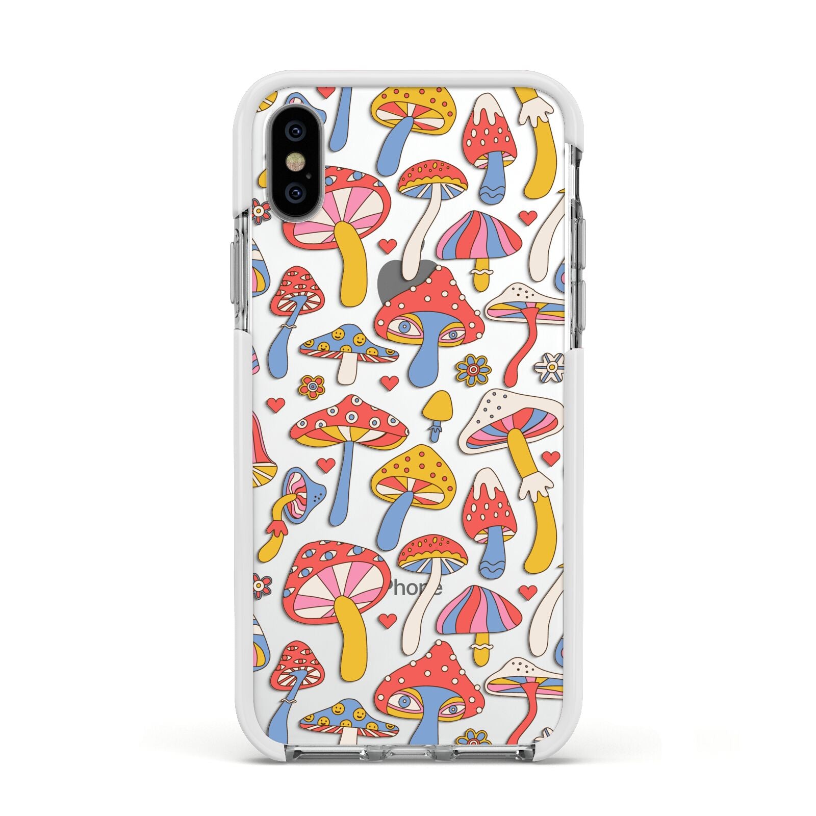 Mushroom Pattern Apple iPhone Xs Impact Case White Edge on Silver Phone