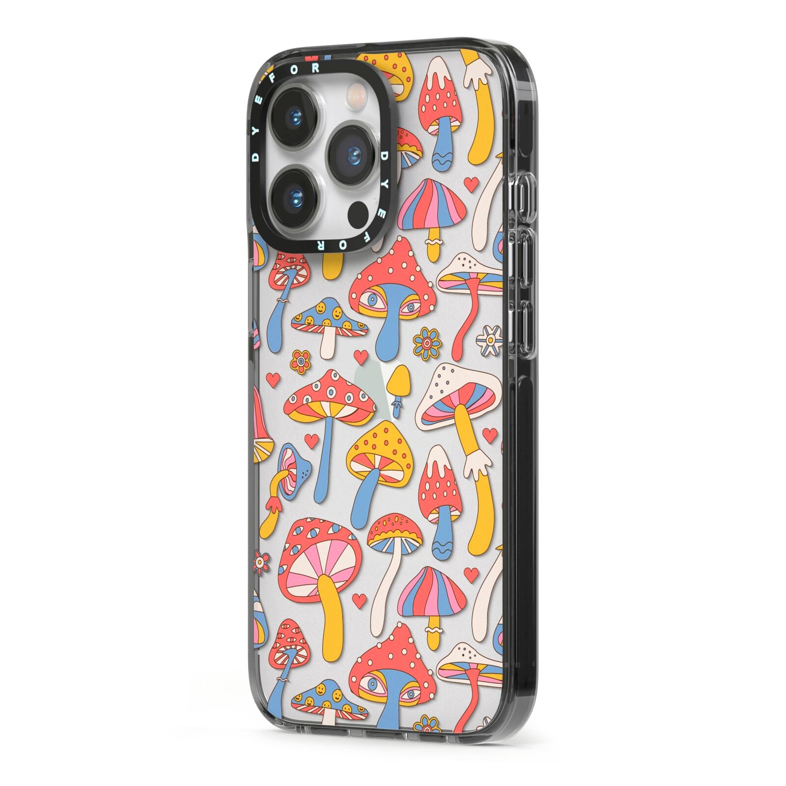 Mushroom Pattern iPhone 13 Pro Black Impact Case Side Angle on Silver phone