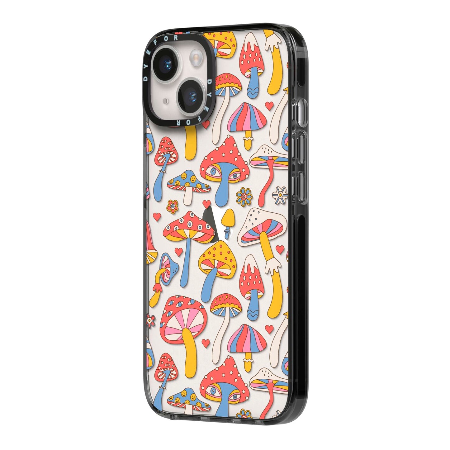 Mushroom Pattern iPhone 14 Black Impact Case Side Angle on Silver phone