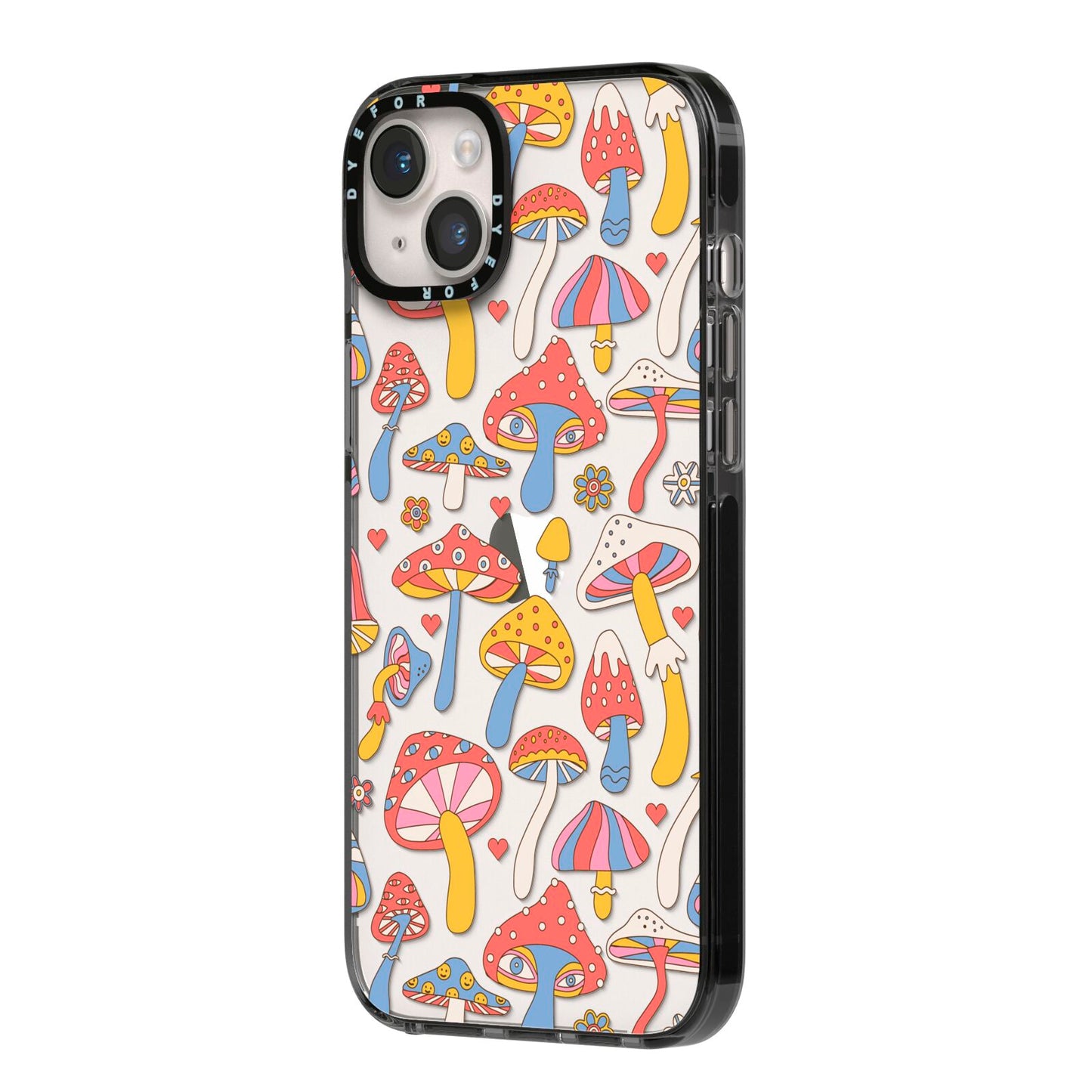 Mushroom Pattern iPhone 14 Plus Black Impact Case Side Angle on Silver phone