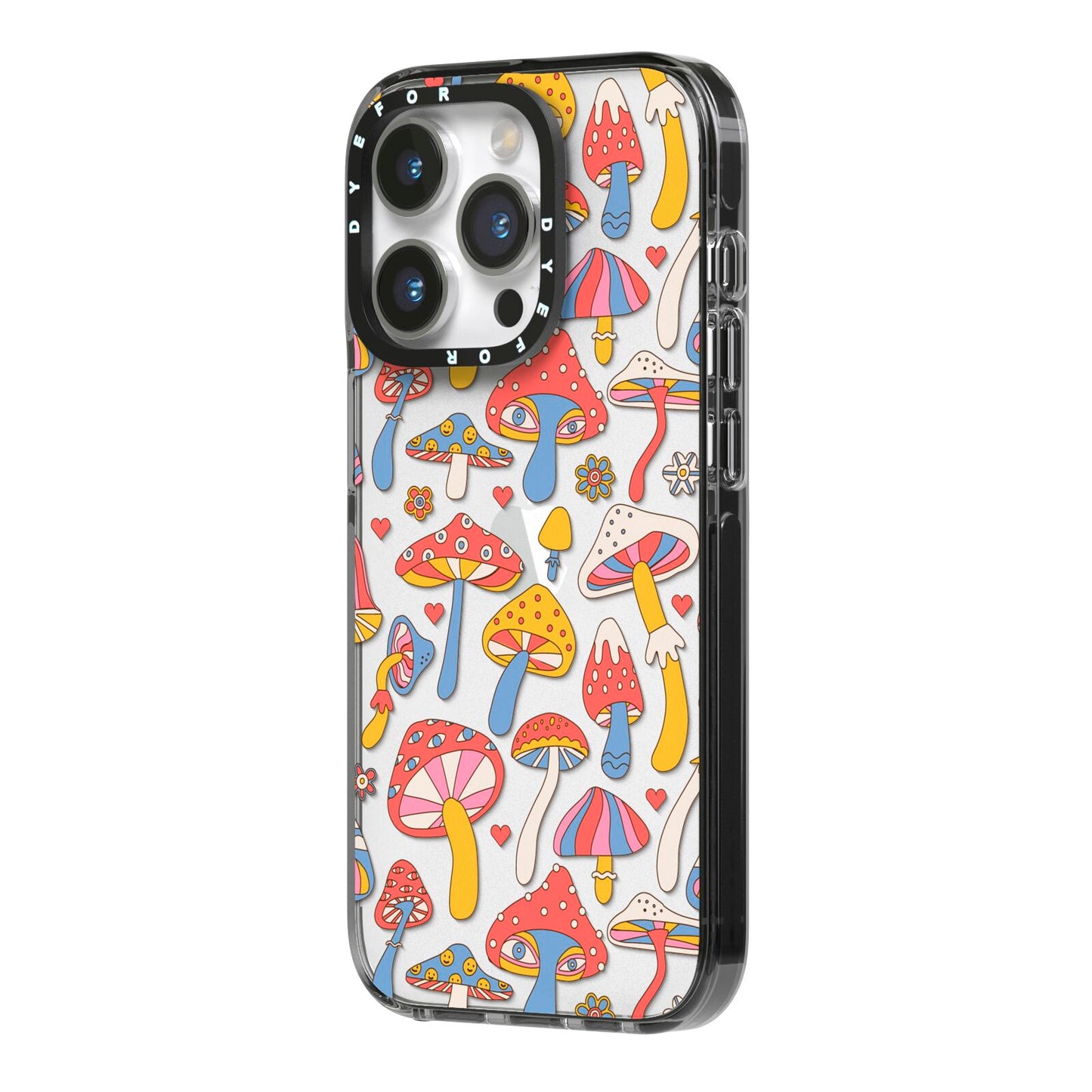 Mushroom Pattern iPhone 14 Pro Black Impact Case Side Angle on Silver phone