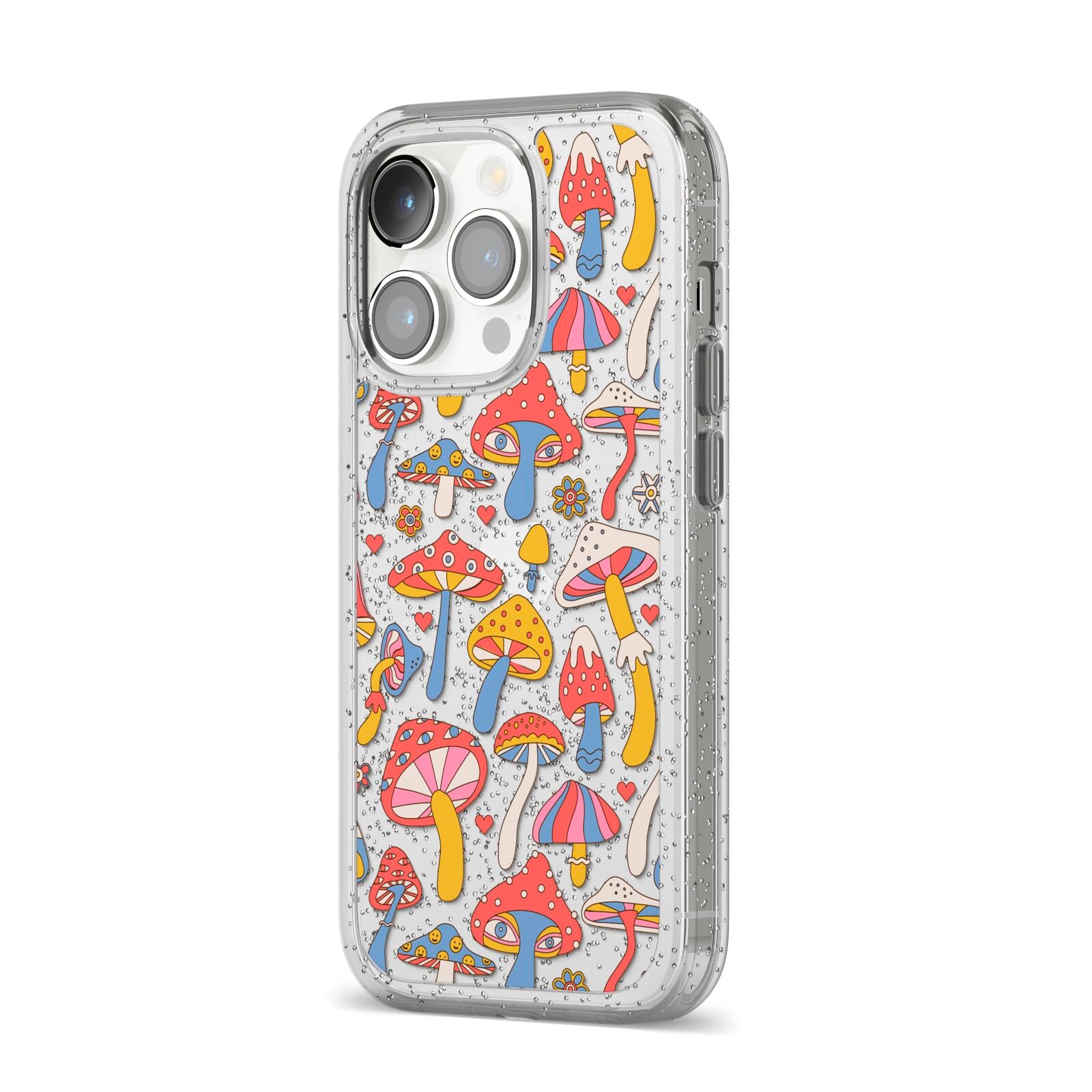 Mushroom Pattern iPhone 14 Pro Glitter Tough Case Silver Angled Image